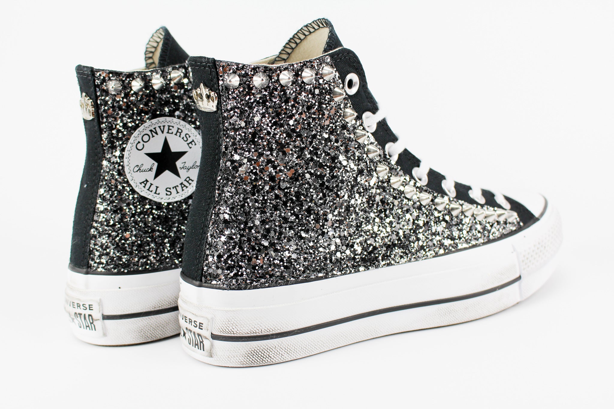 Converse All Star Platform Personalizzate Black Silver Glitter & Borchie