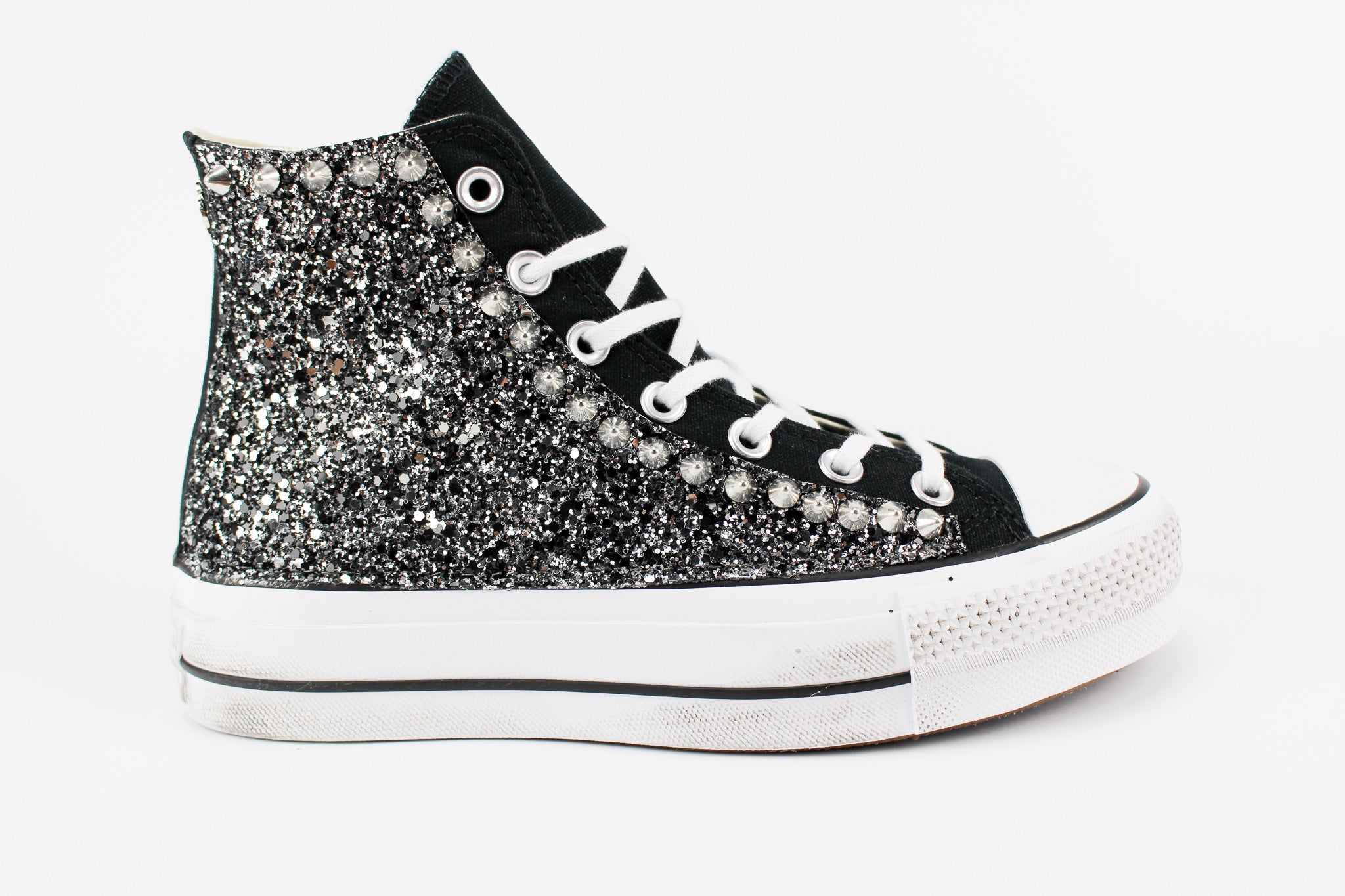 Converse All Star Platform Personalizzate Black Silver Glitter & Borchie