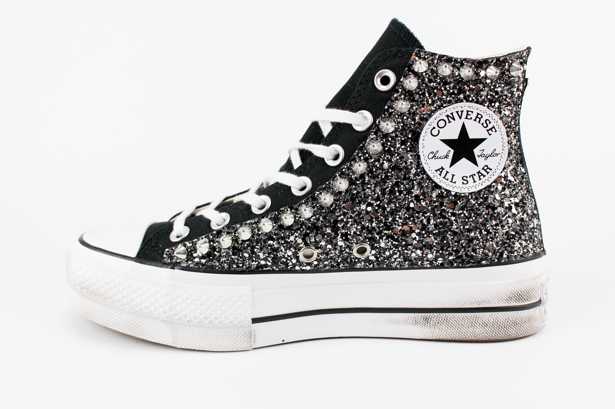 Converse All Star Platform Personalizzate Black Silver Glitter & Borchie