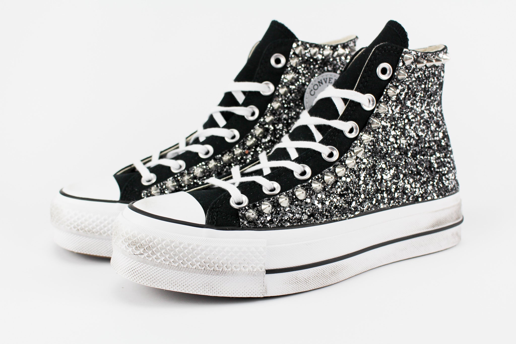 Converse All Star Platform Personalizzate Black Silver Glitter & Borchie