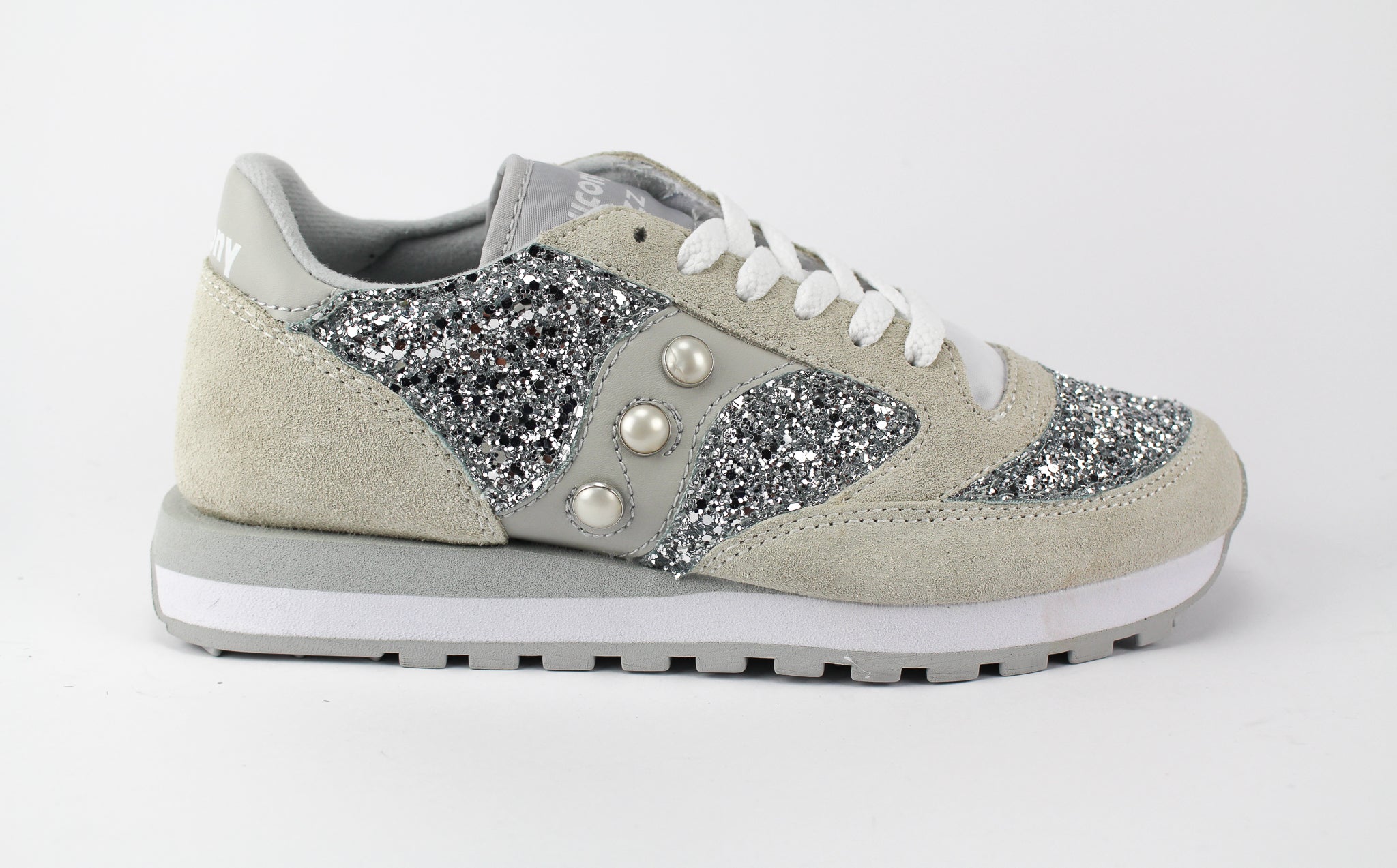 Saucony Jazz White Personalizzate Silver Glitter & Perle