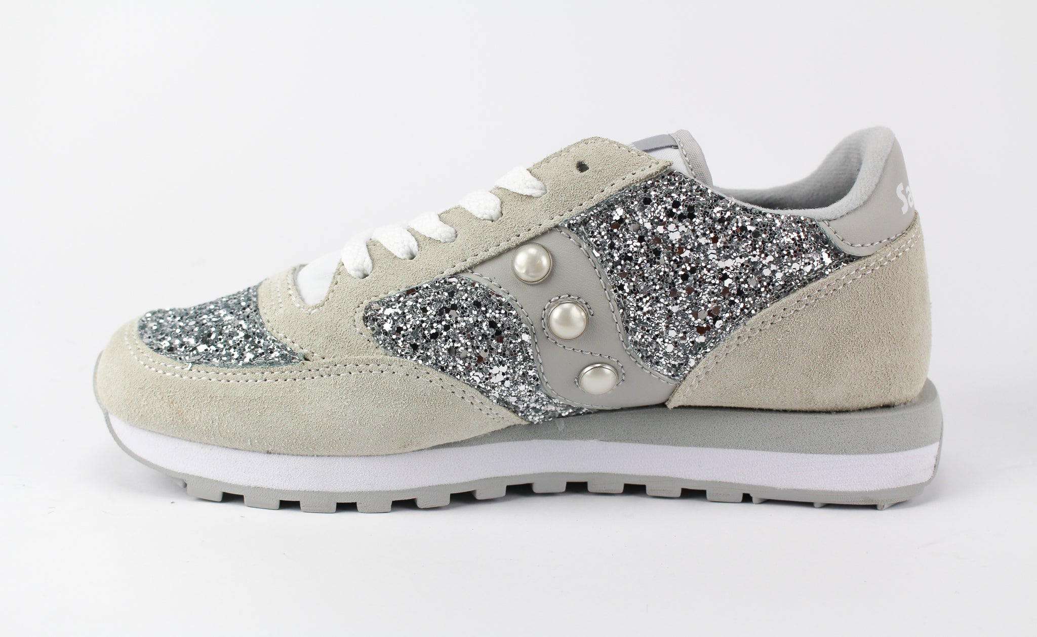 Saucony Jazz White Personalizzate Silver Glitter & Perle