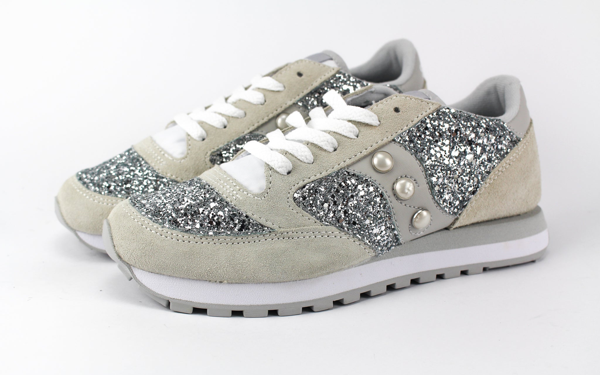 Saucony Jazz White Personalizzate Silver Glitter & Perle