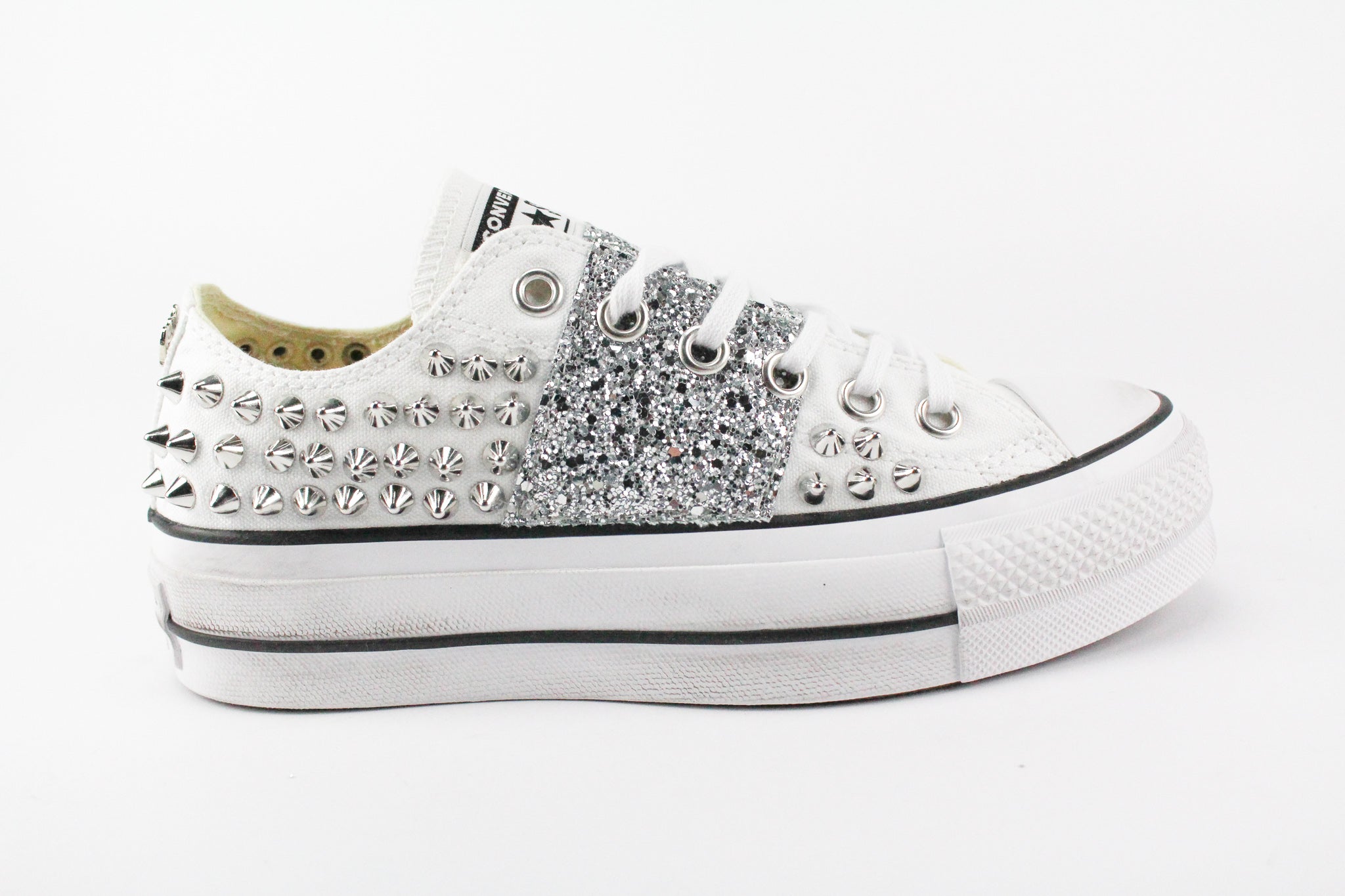 Converse All Star Platform White Borchie & Silver Glitter