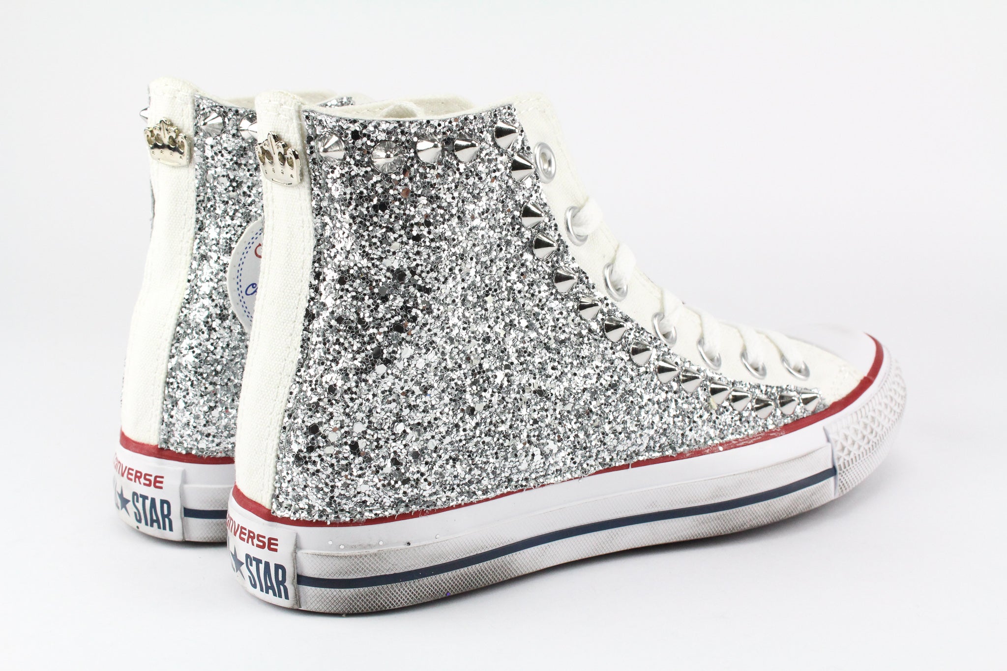 Converse All Star Bianche Personalizzate con Silver Glitter & Borchie