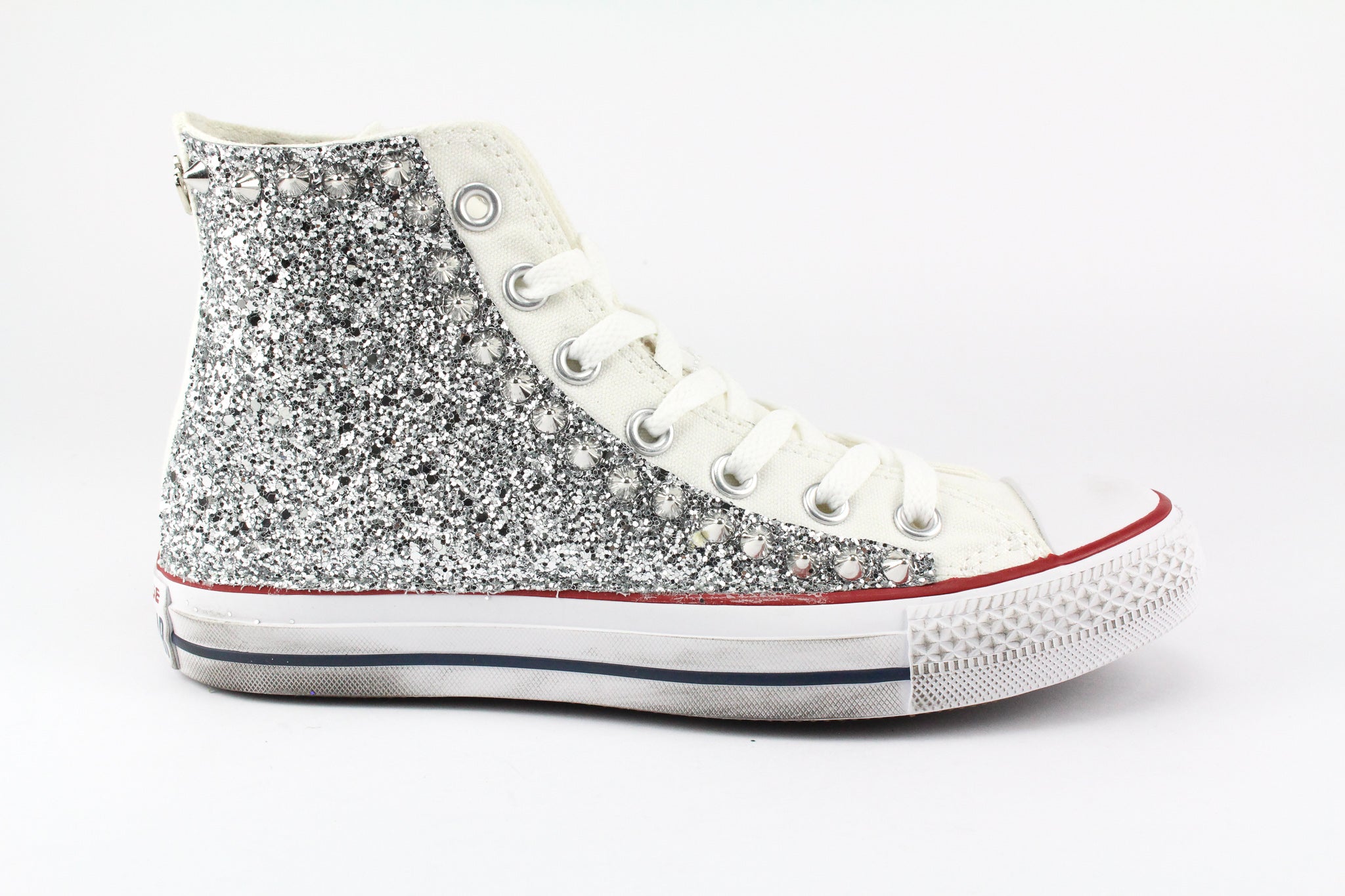 Converse All Star Bianche Personalizzate con Silver Glitter & Borchie