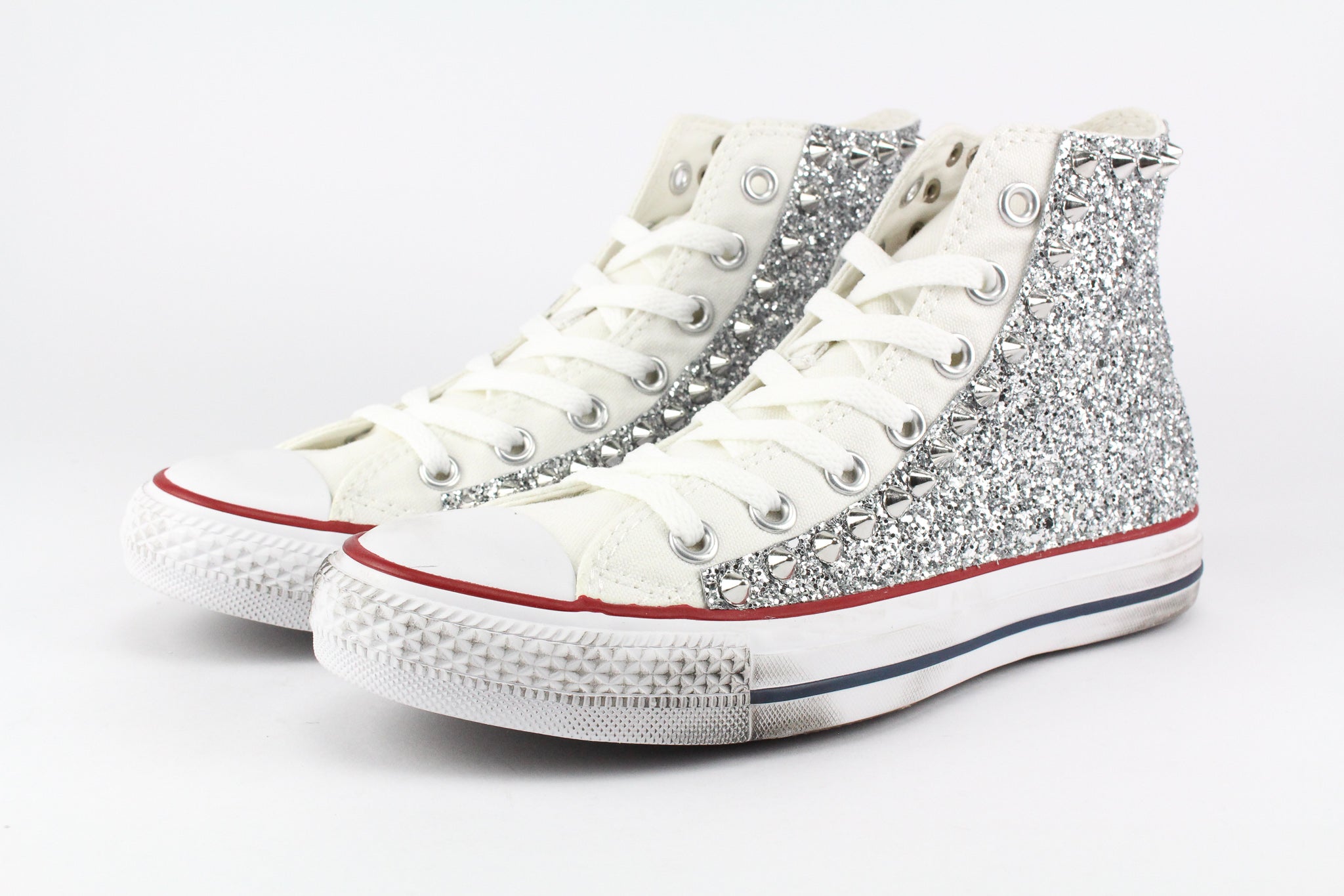 Converse All Star Bianche Personalizzate con Silver Glitter & Borchie