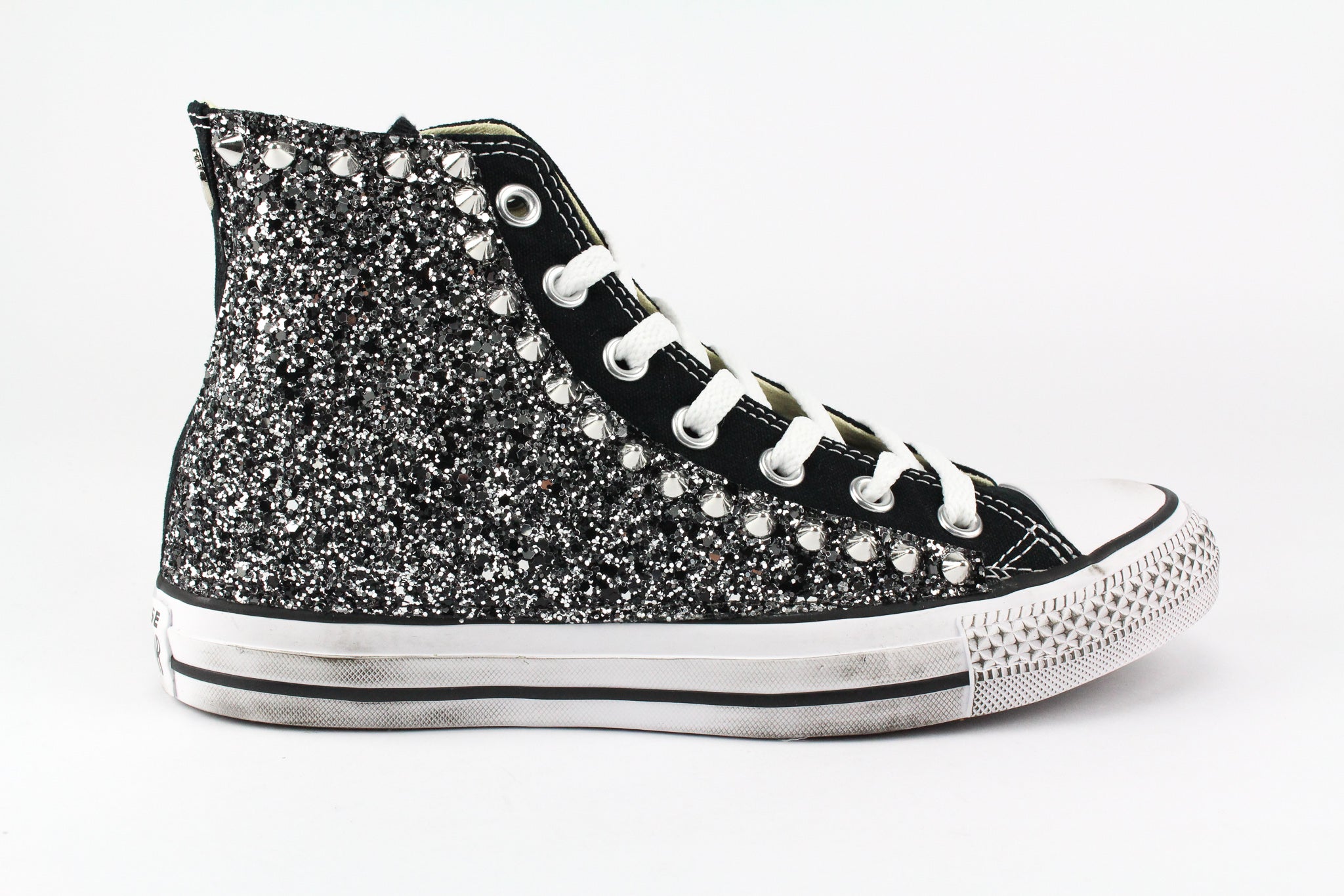 Converse All Star Personalizzate Glitter Black Silver e borchie
