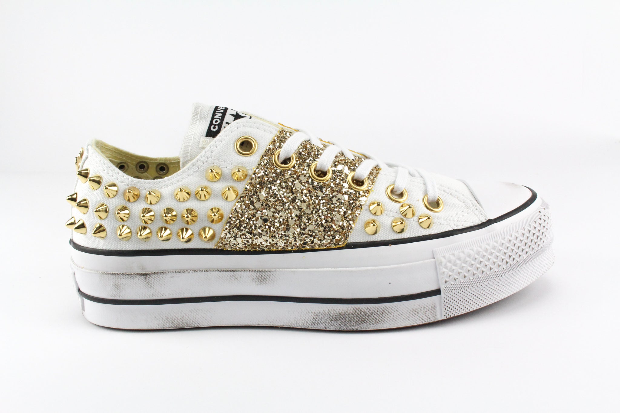 Converse All Star Platform Bassa White Borchie & Gold Glitter