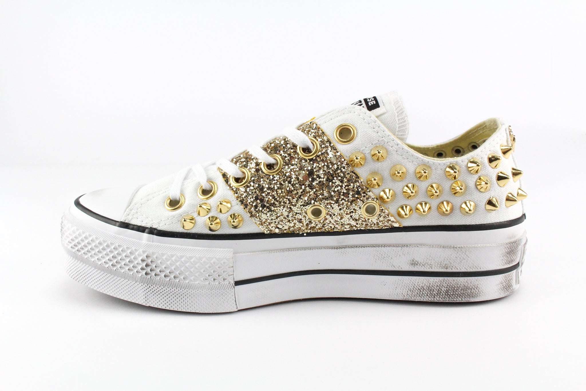 Converse All Star Platform Bassa White Borchie & Gold Glitter