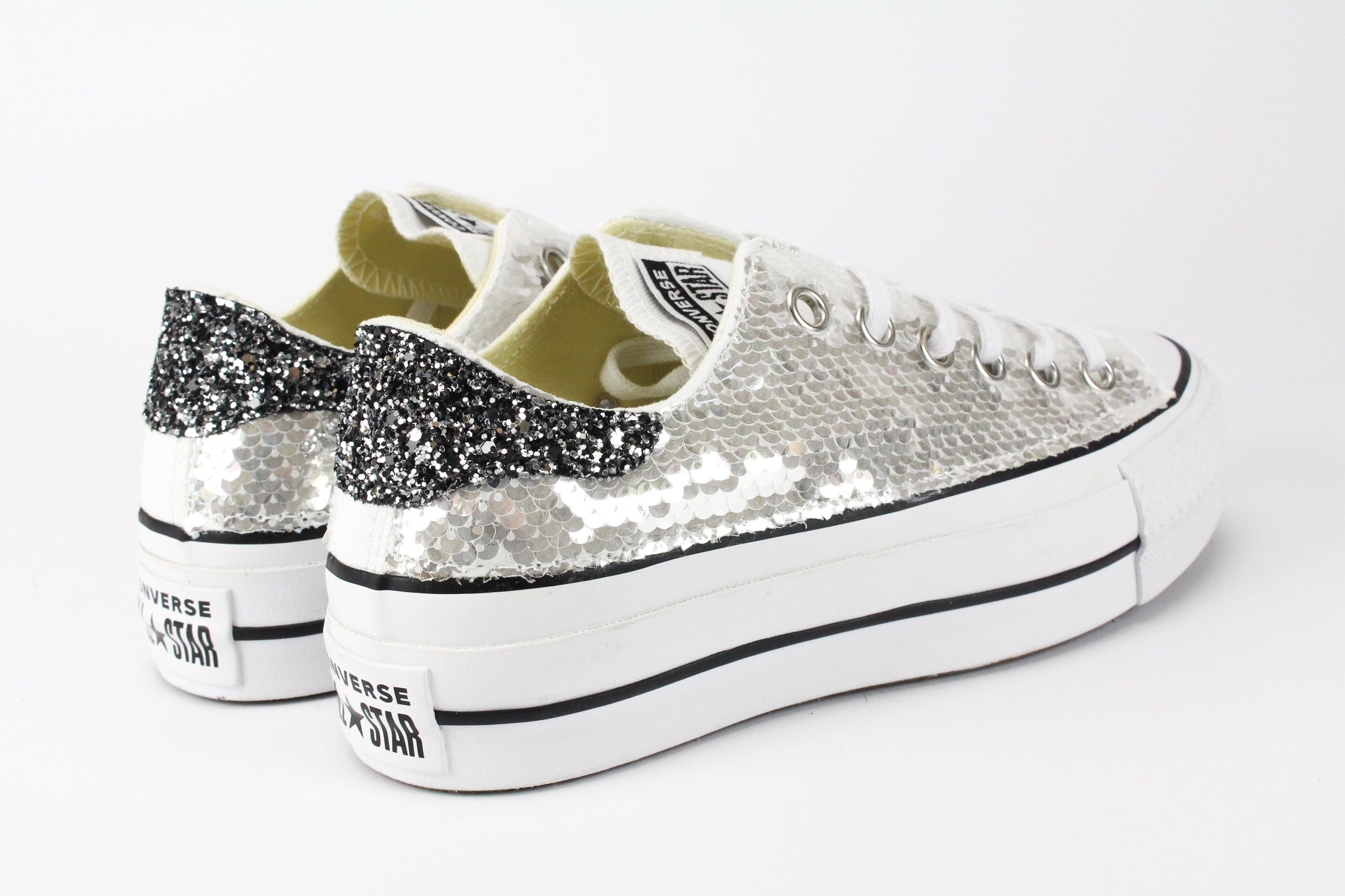 Converse All Star Platform Bassa Silver Paillettes & Black Silver Glitter