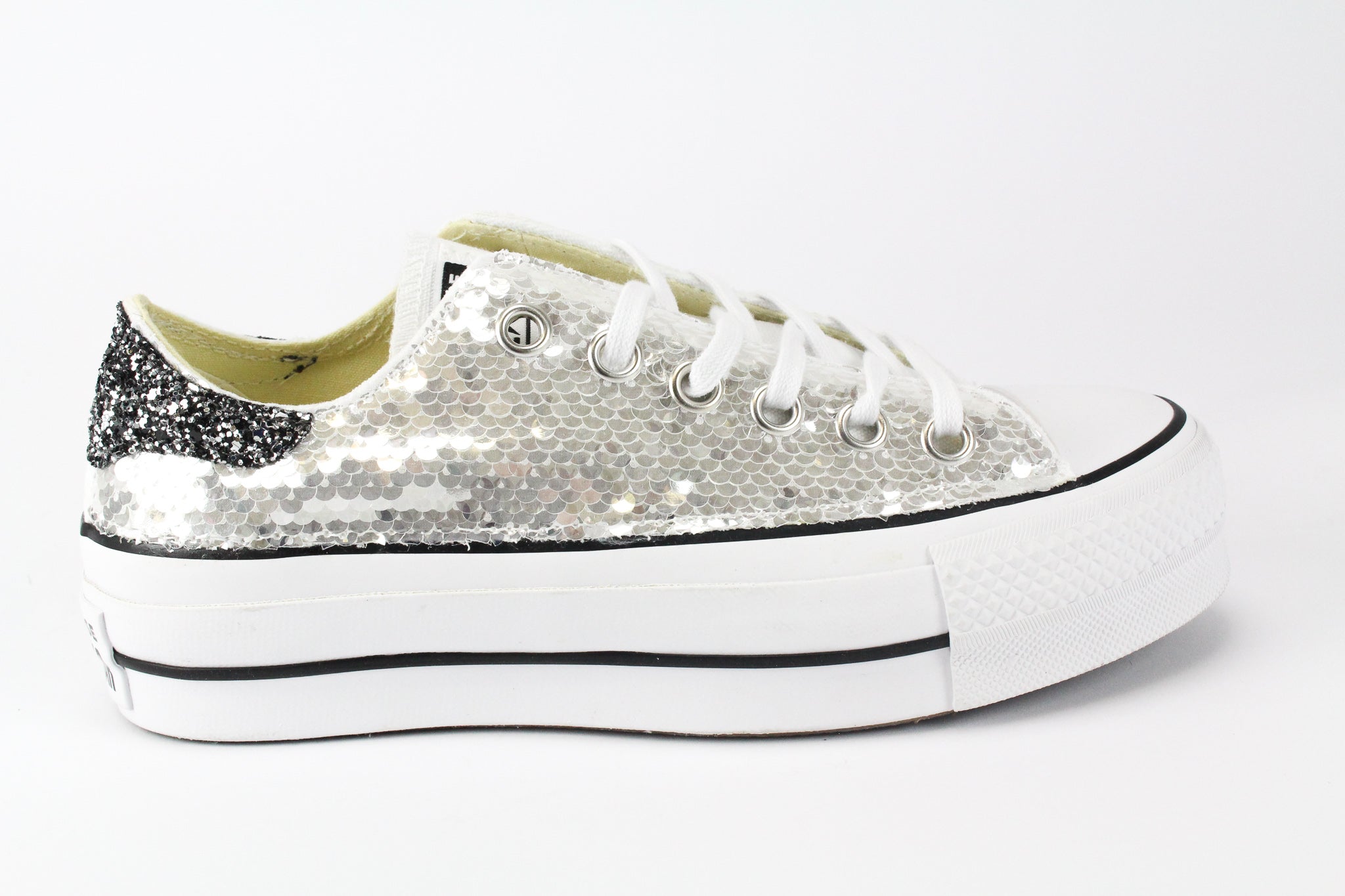 Converse All Star Platform Bassa Silver Paillettes & Black Silver Glitter