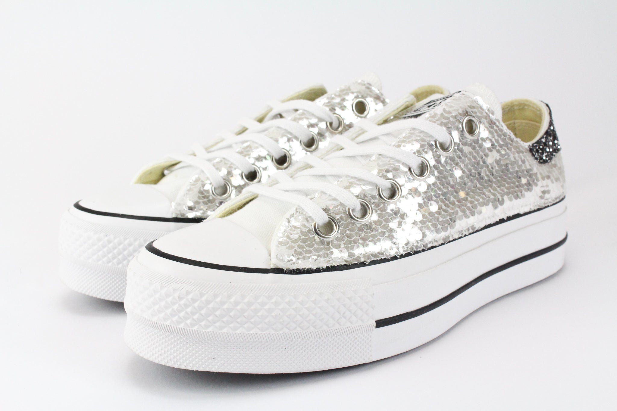 Converse All Star Platform Bassa Silver Paillettes & Black Silver Glitter