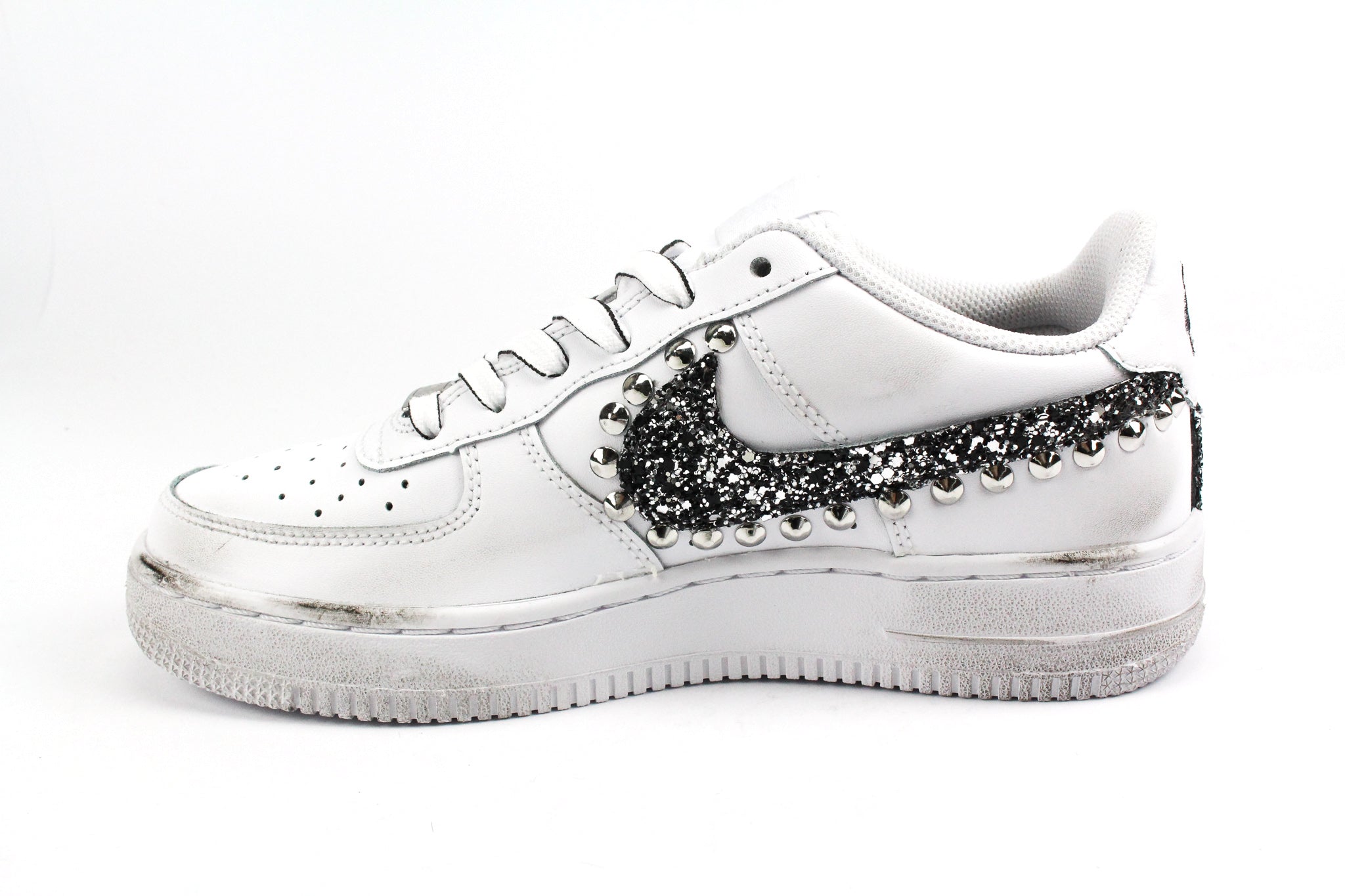 Nike Air Force 1 '07 Black Silver Glitter Borchie & Lacci Cartoon