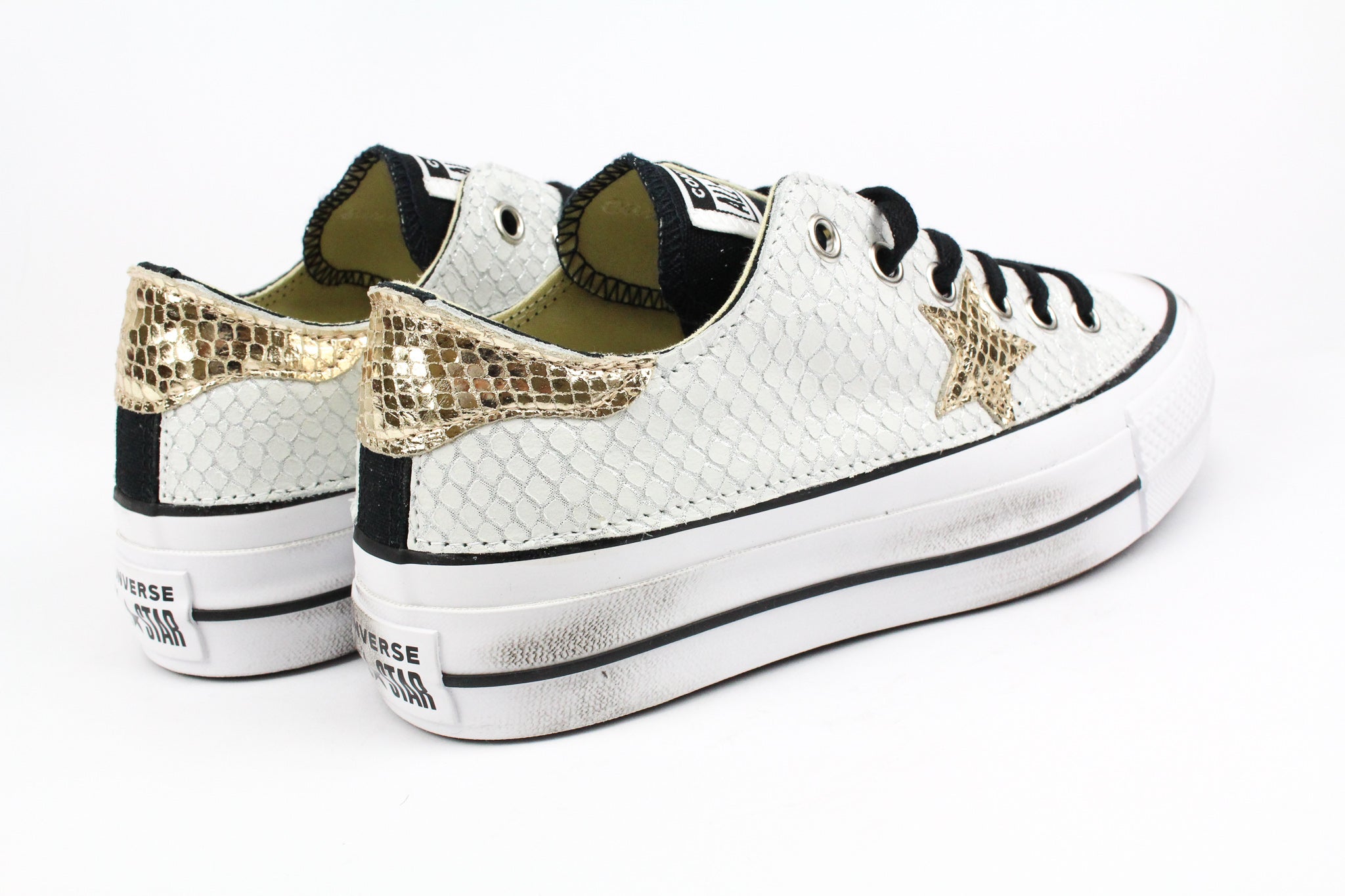 Converse All Star Platform bassa Black Total Pitone White & Laminato Gold