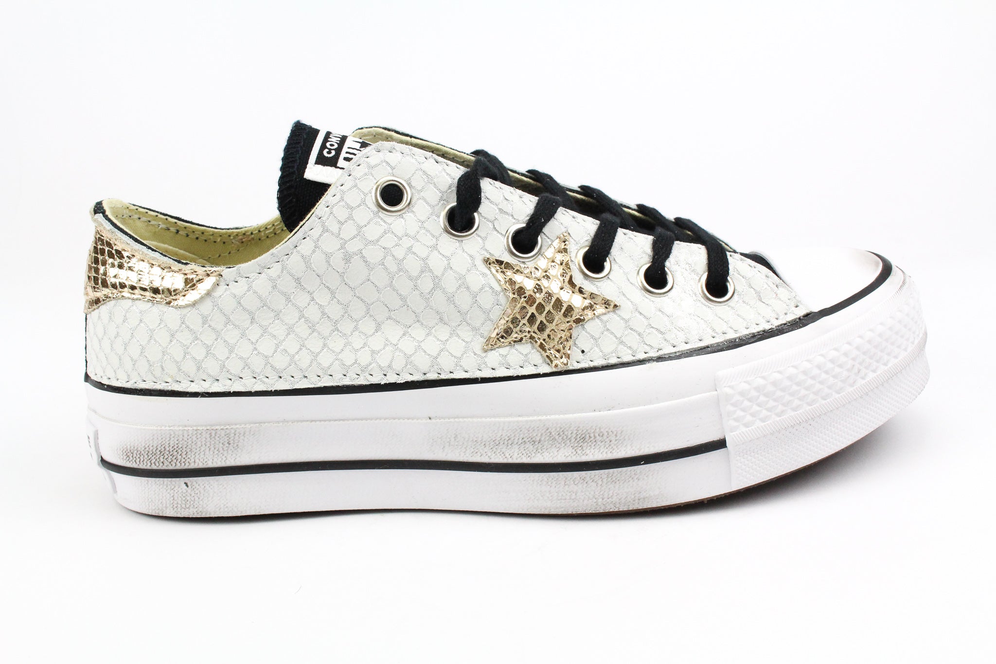 Converse All Star Platform bassa Black Total Pitone White & Laminato Gold