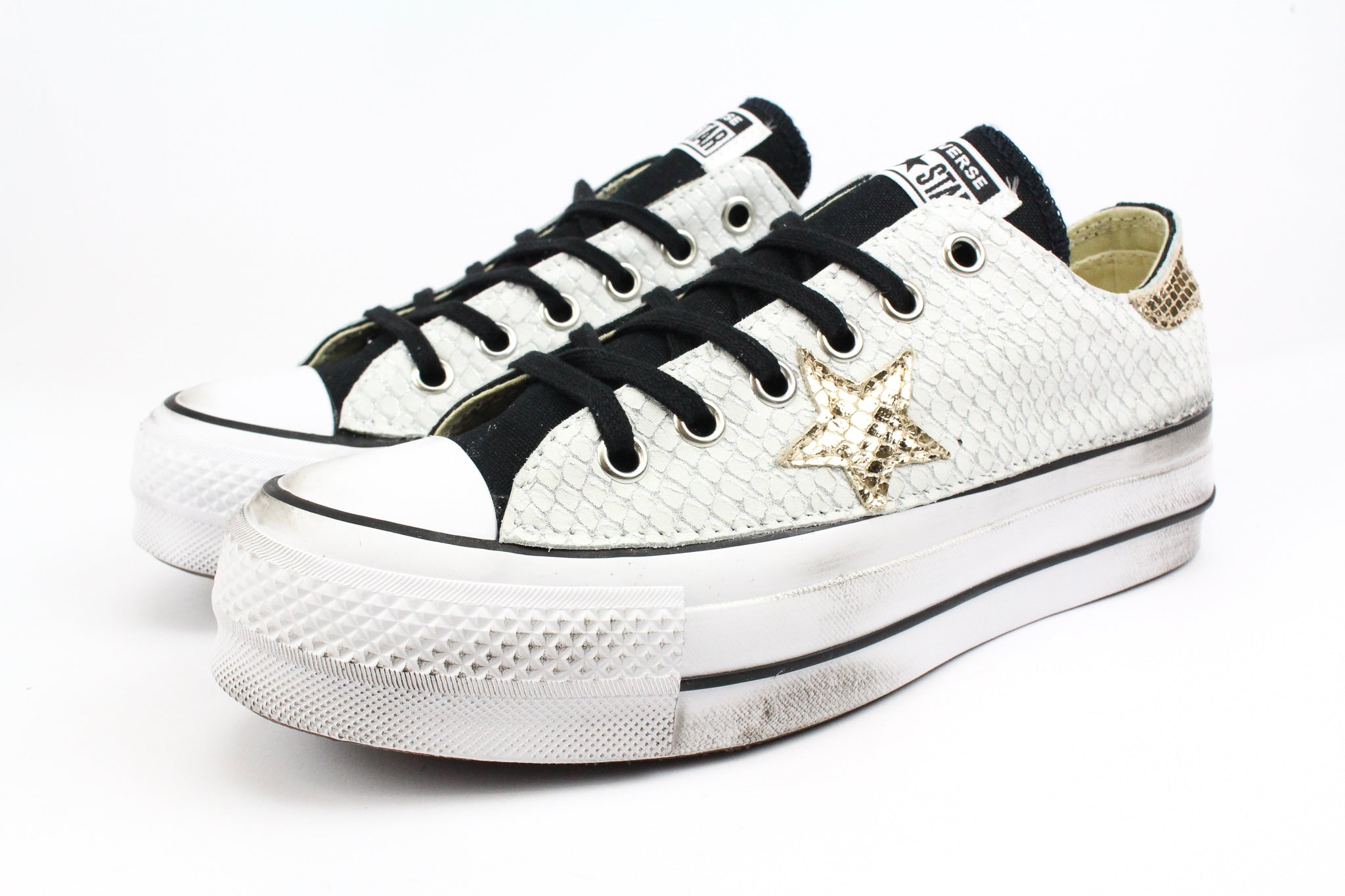 Converse All Star Platform bassa Black Total Pitone White & Laminato Gold
