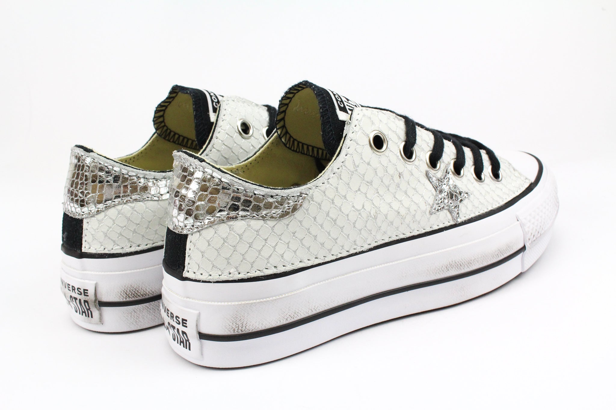 Converse All Star Platform Bassa Black Total Pitone White & Laminato Silver