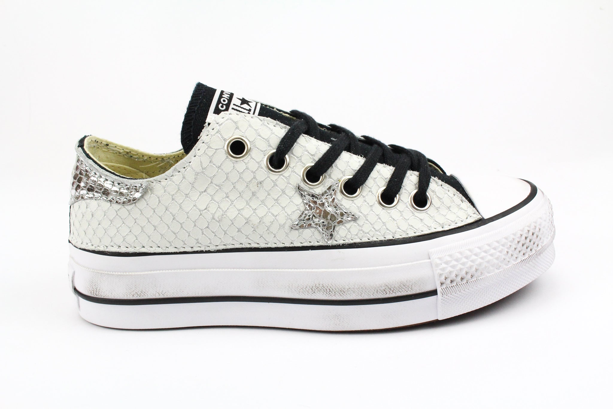 Converse All Star Platform Bassa Black Total Pitone White & Laminato Silver