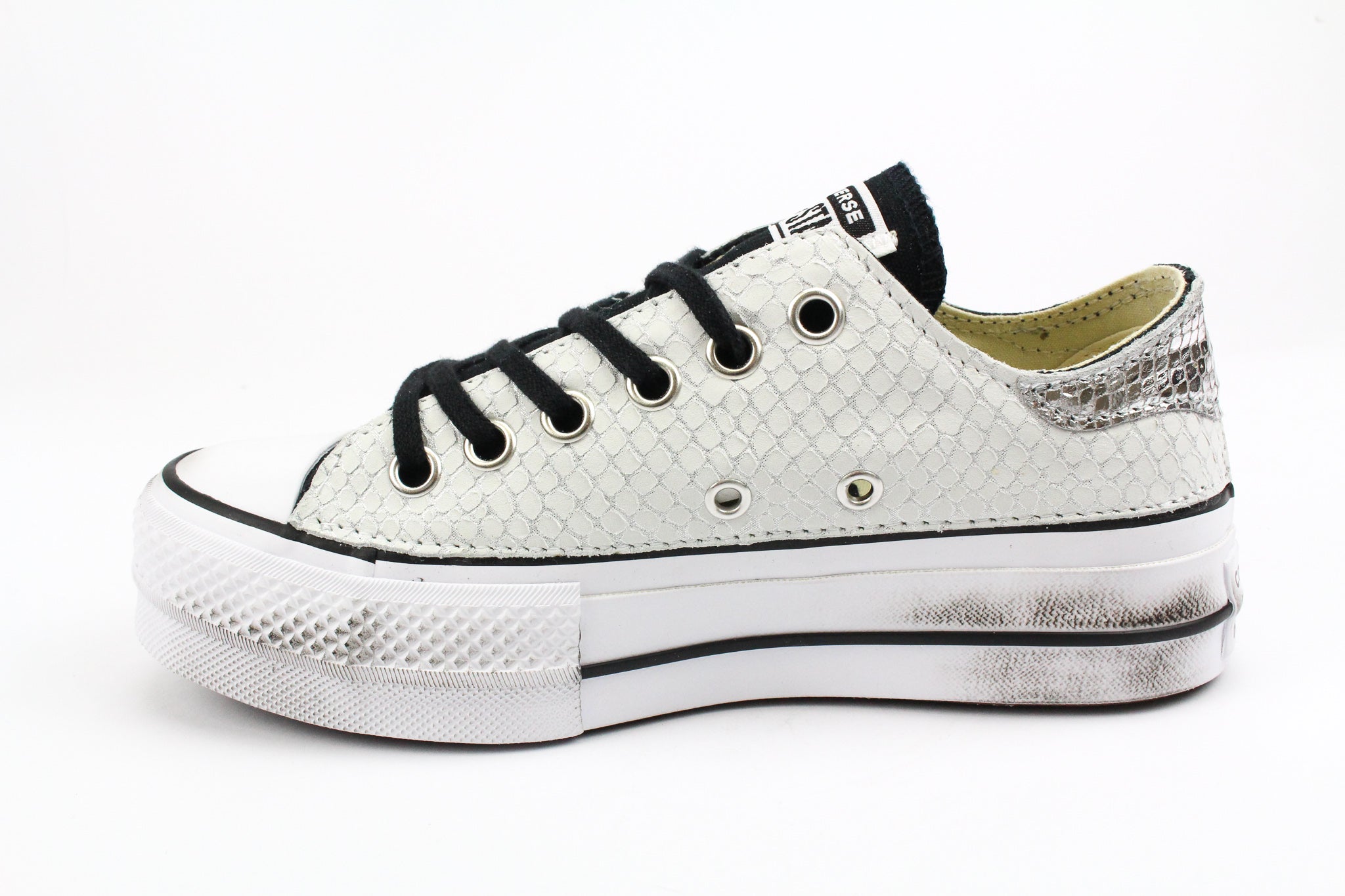 Converse All Star Platform Bassa Black Total Pitone White & Laminato Silver