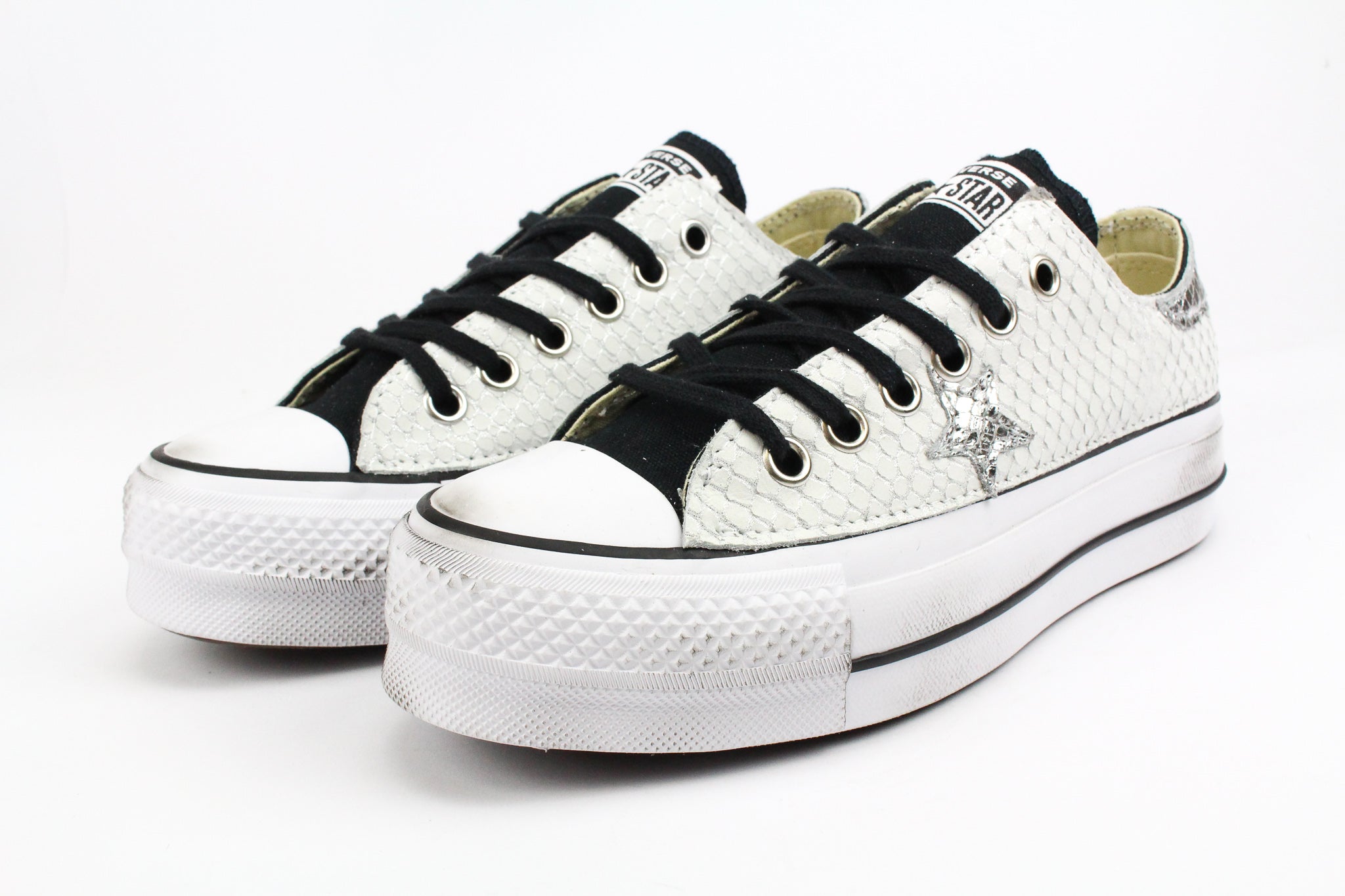 Converse All Star Platform Bassa Black Total Pitone White & Laminato Silver