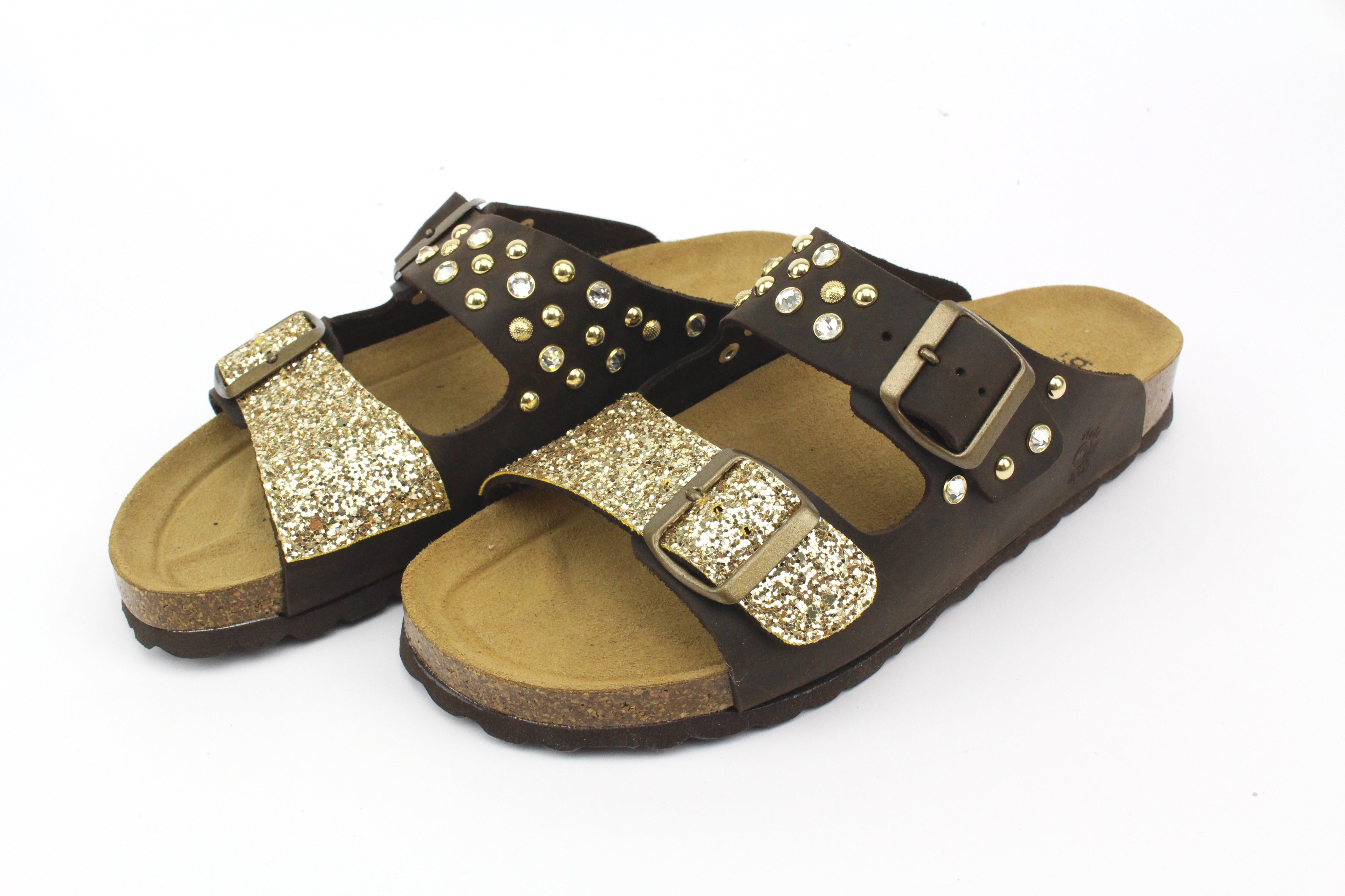 Brown Gold Strass Studs &amp; Glitter Sandals