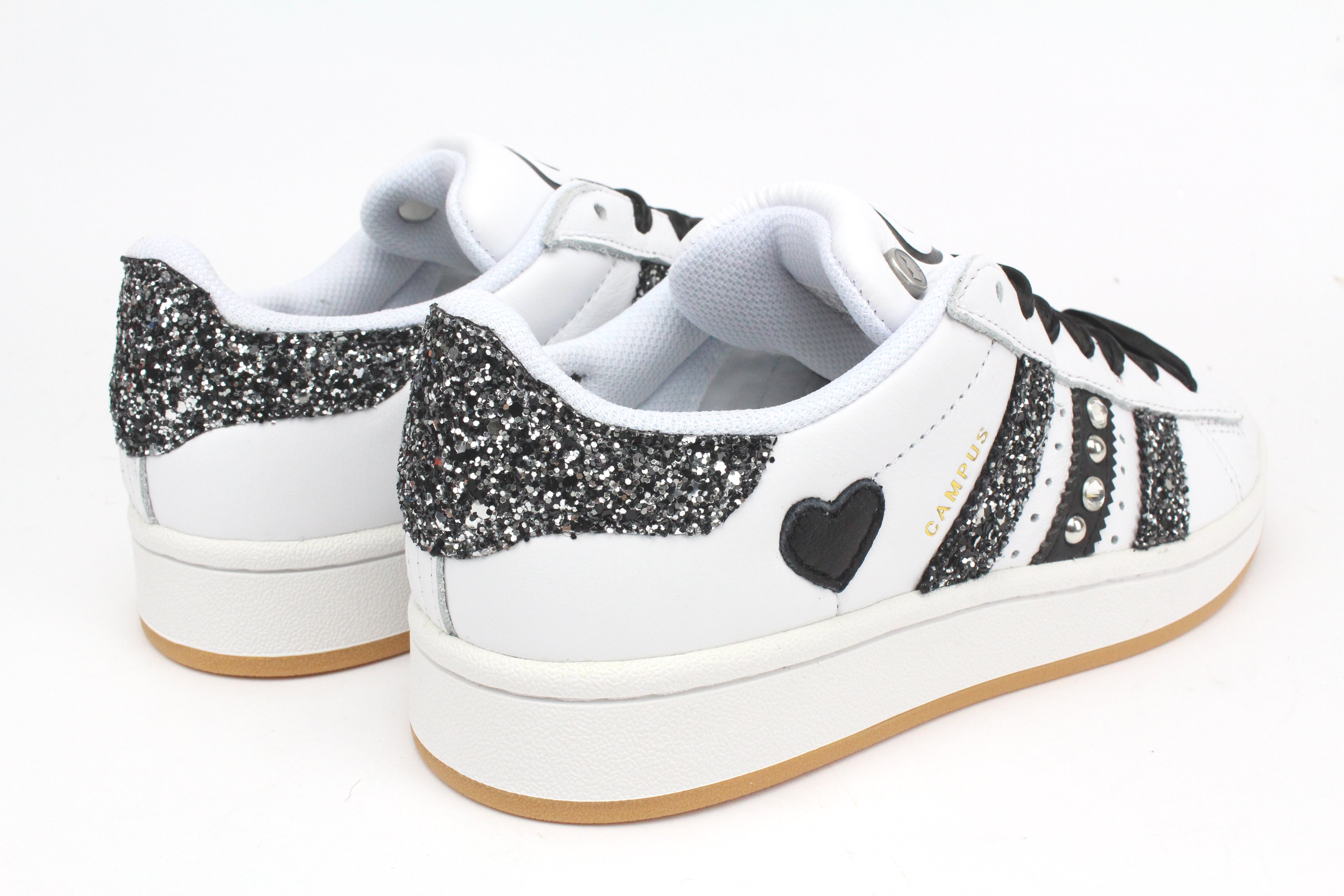 Adidas Campus Glitter Black Silver Cuore Strass & Lacci Raso