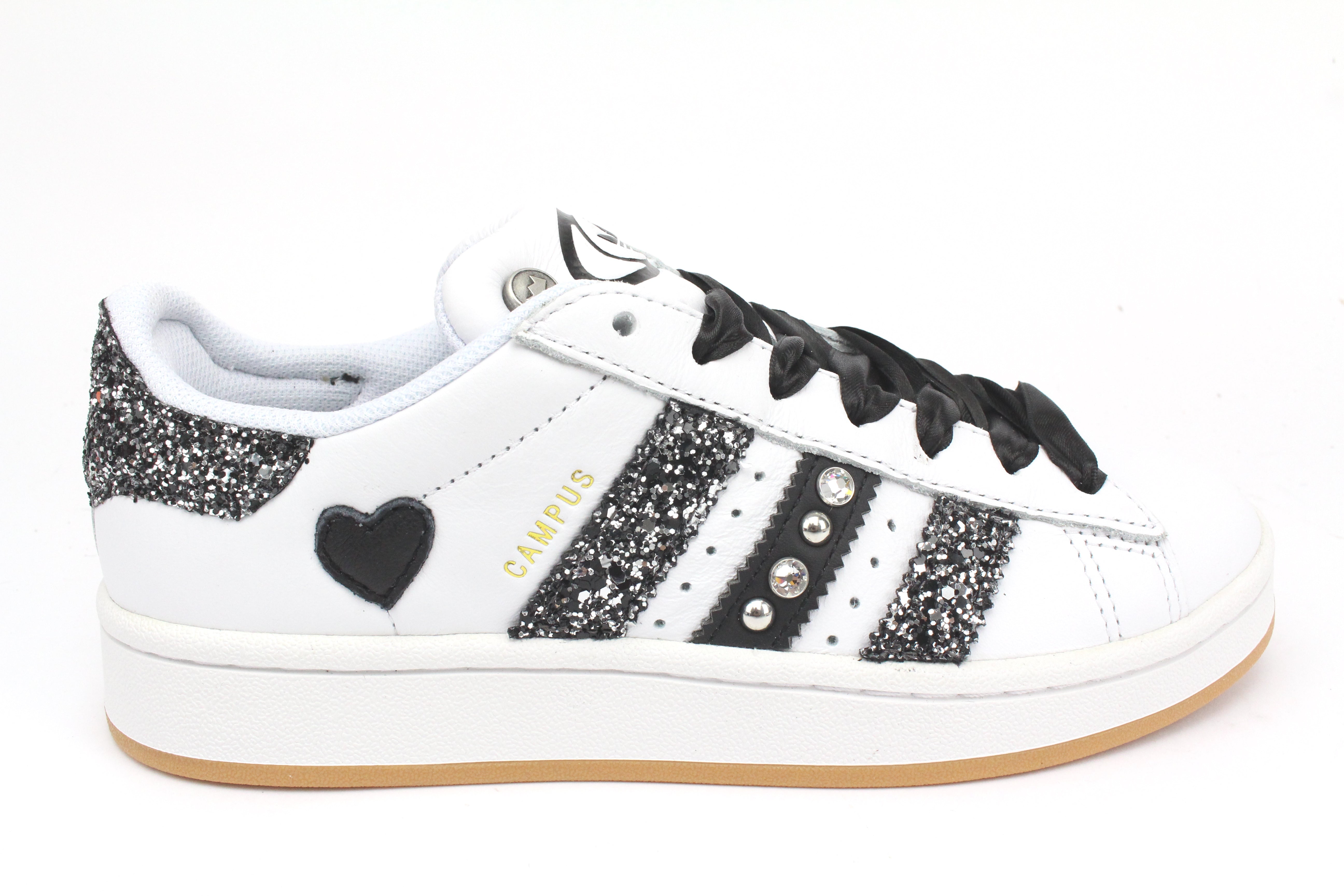Adidas Campus Glitter Black Silver Cuore Strass & Lacci Raso