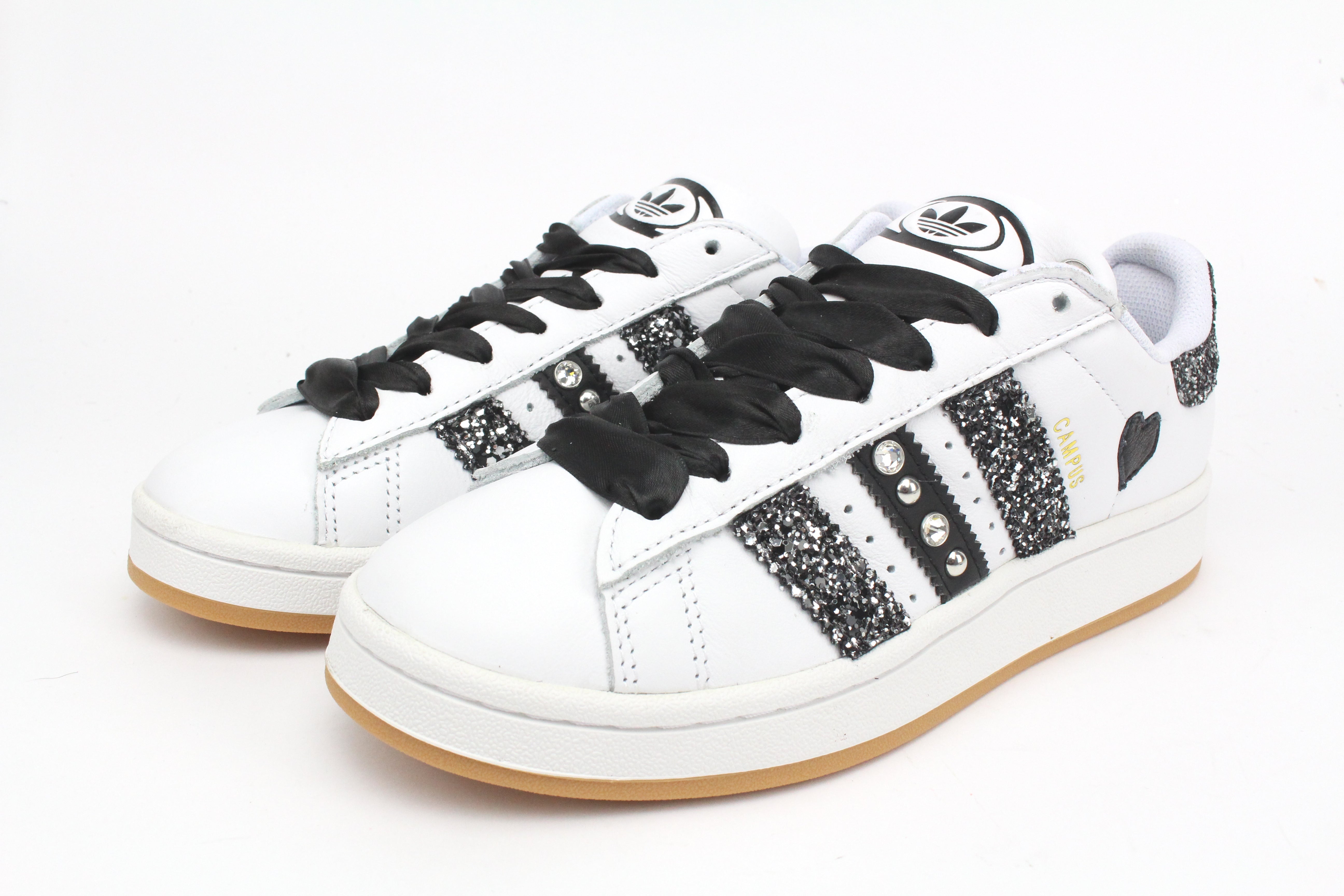 Adidas Campus Glitter Black Silver Cuore Strass & Lacci Raso