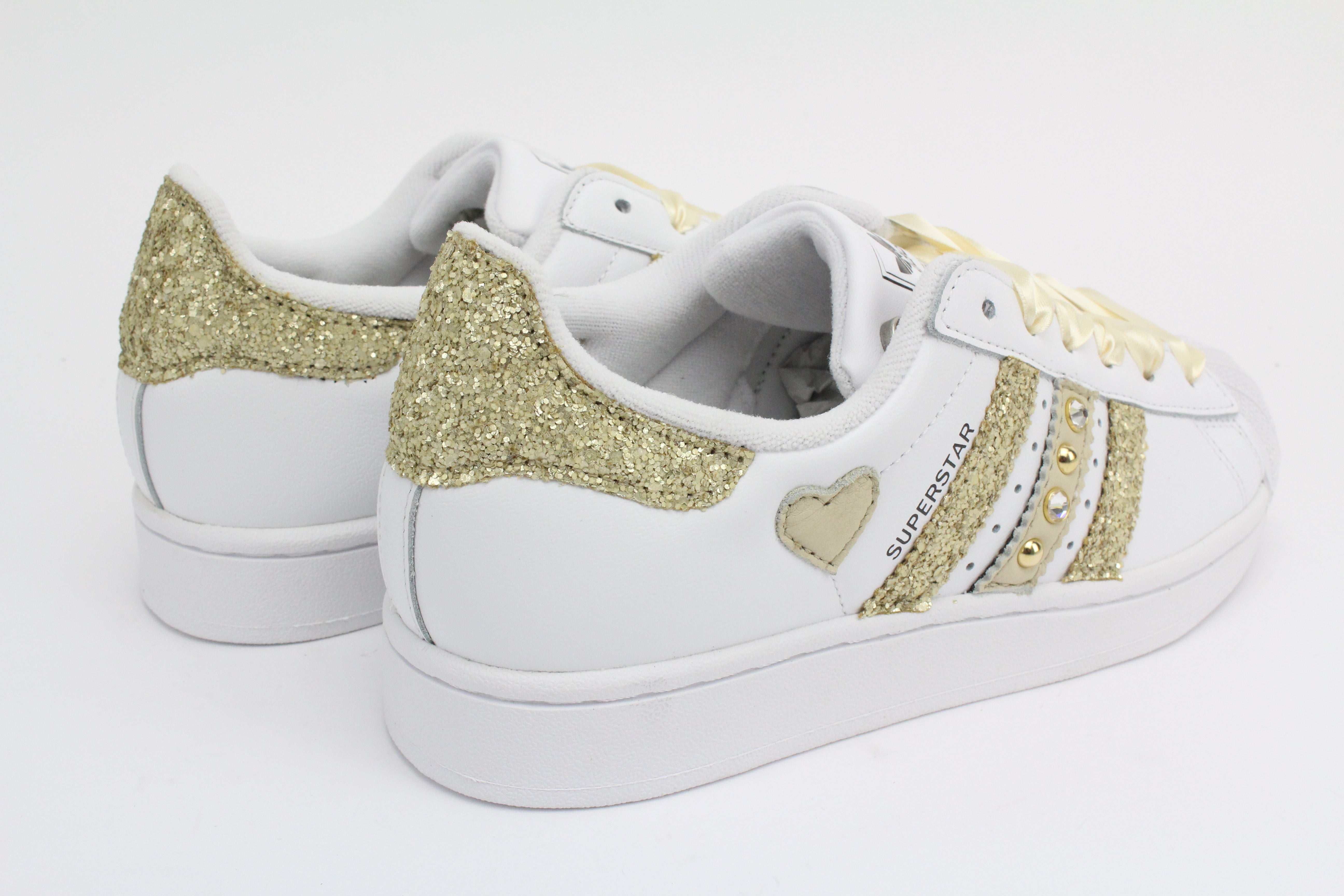 Adidas Superstar Glitter Beige Cuore Strass & Lacci Raso