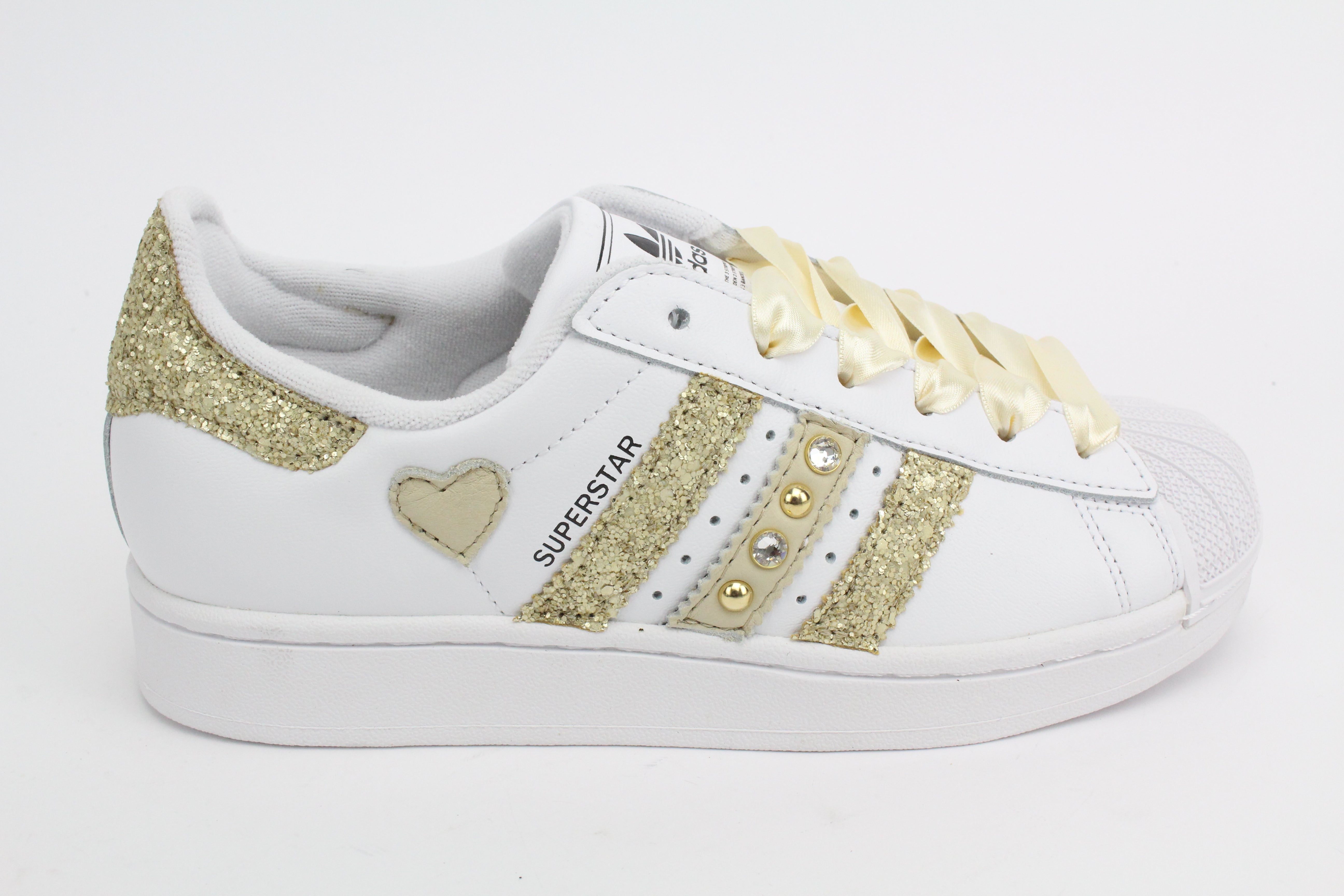 Adidas Superstar Glitter Beige Cuore Strass & Lacci Raso