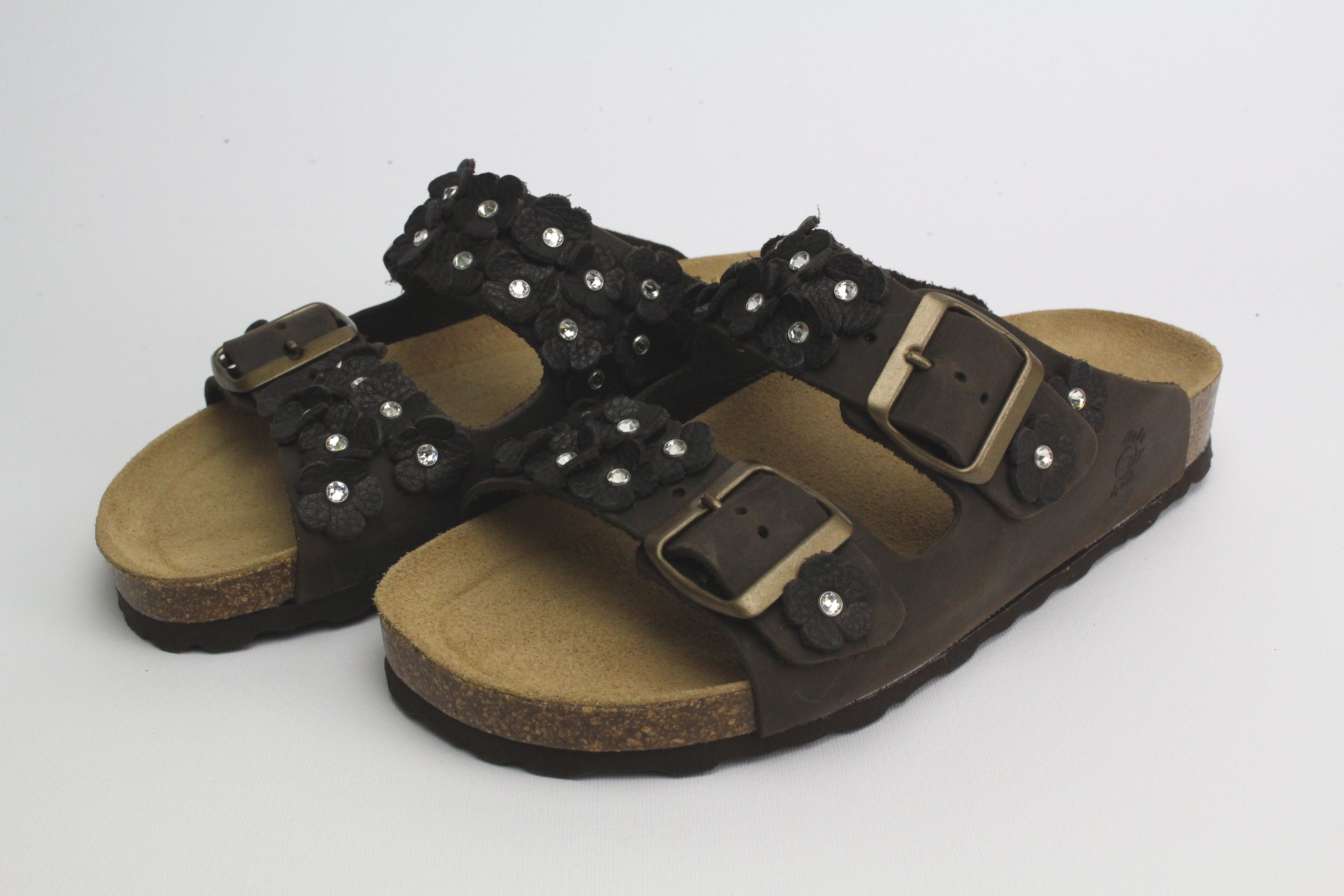 Sandali Fiori in pelle brown & Strass