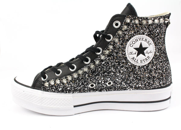 Converse All Star Platform Pelle Black Silver Glitter & Borchie