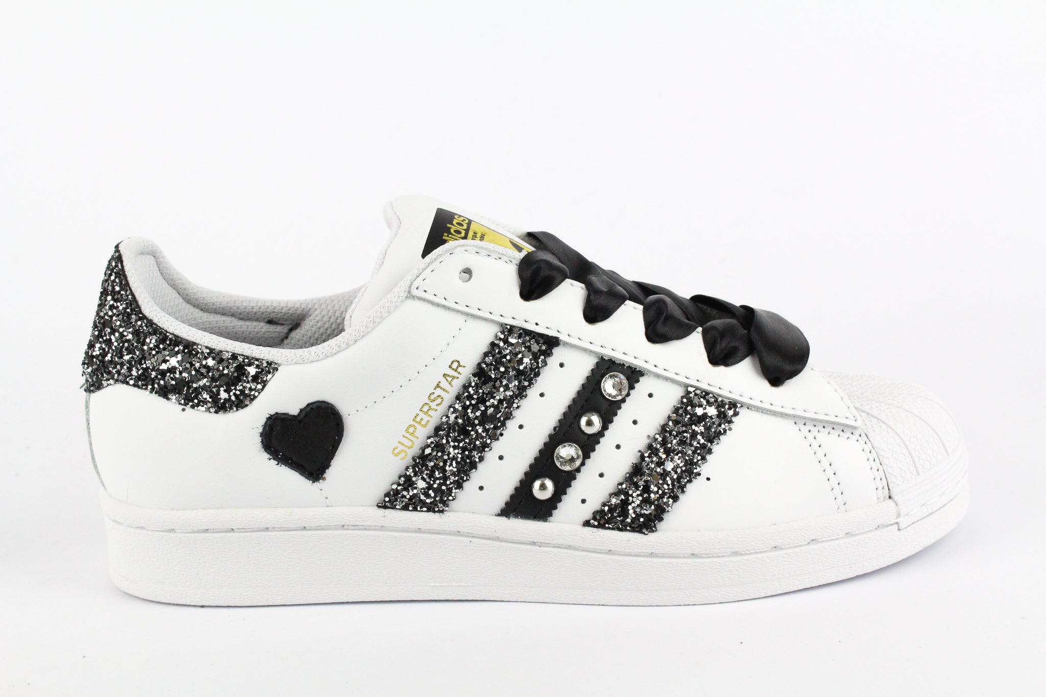 Adidas Superstar Glitter Black Silver Heart Strass &amp; Satin Laces