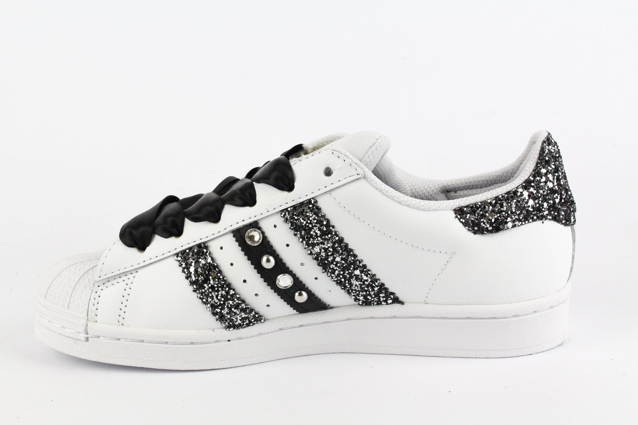 Adidas Superstar Glitter Black Silver Heart Strass &amp; Satin Laces