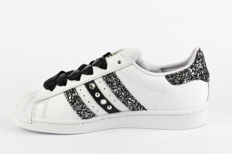 Adidas Superstar Glitter Black Silver Cuore Strass & Lacci Raso