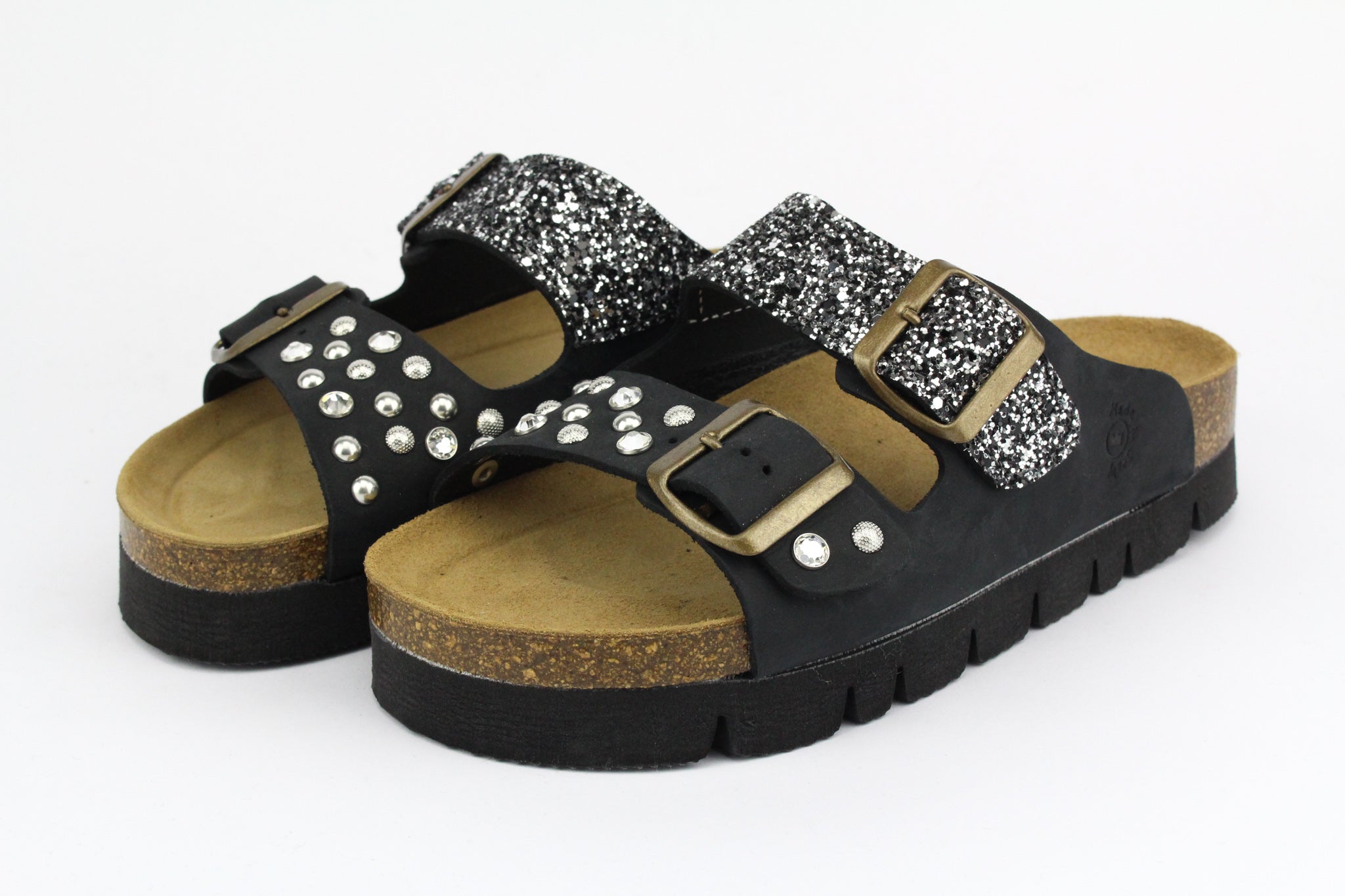 Platform Sandals Strass Studs &amp; Black Silver Glitter