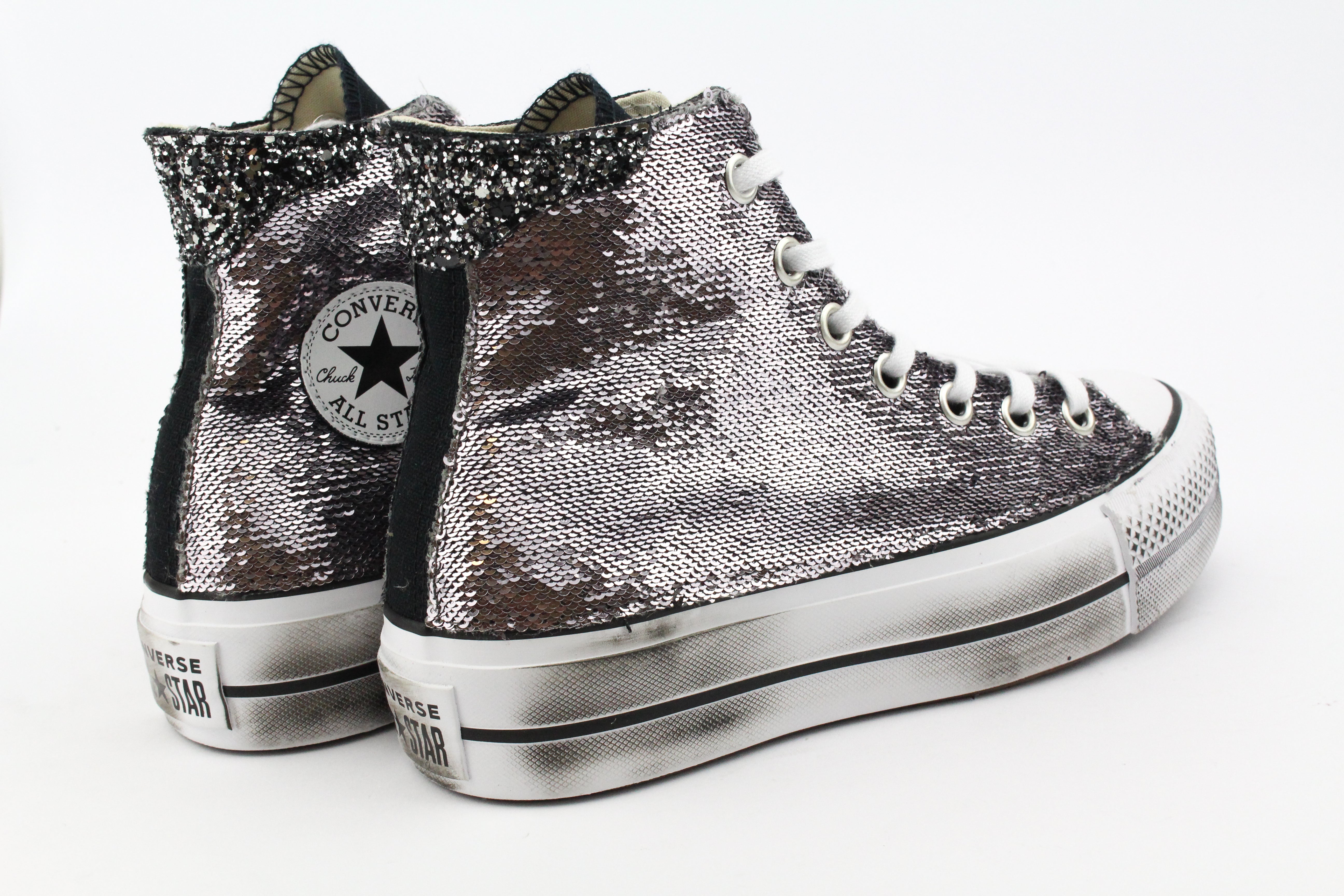 Converse All Star Platform Silver Paillettes &amp; Black Glitter