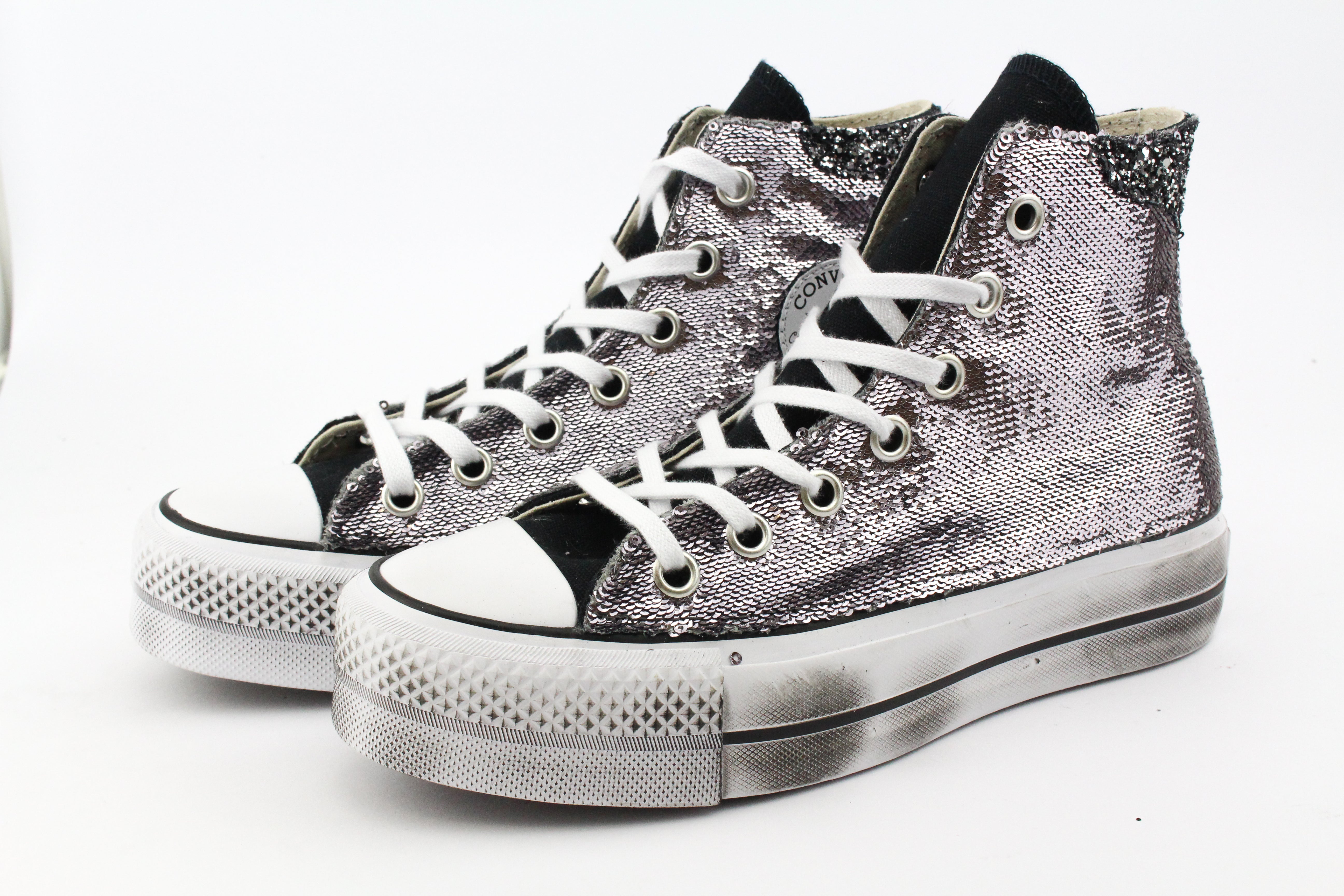 Converse All Star Platform Silver Paillettes &amp; Black Glitter