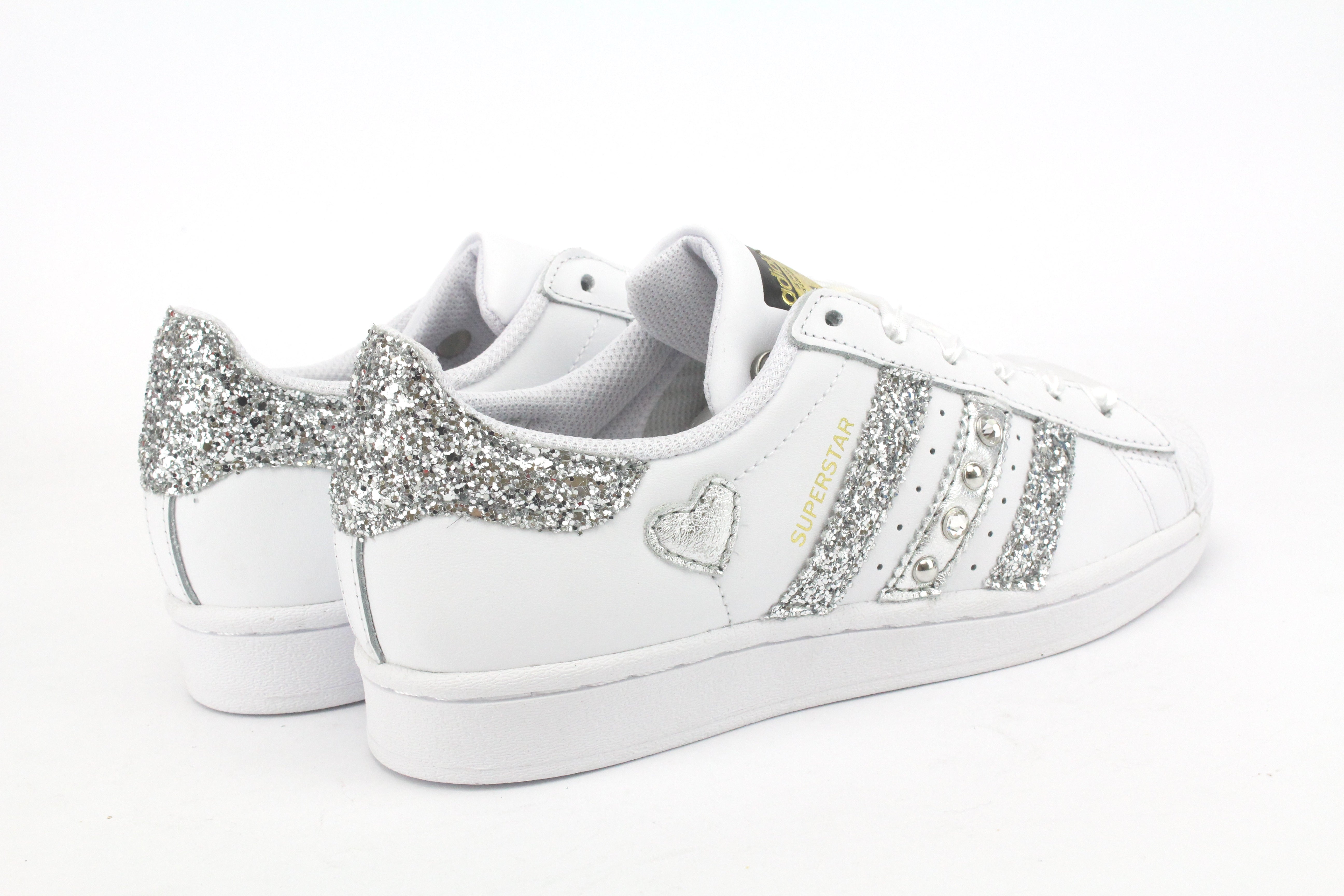 Adidas Superstar Glitter Silver Heart Rhinestones &amp; Satin Laces