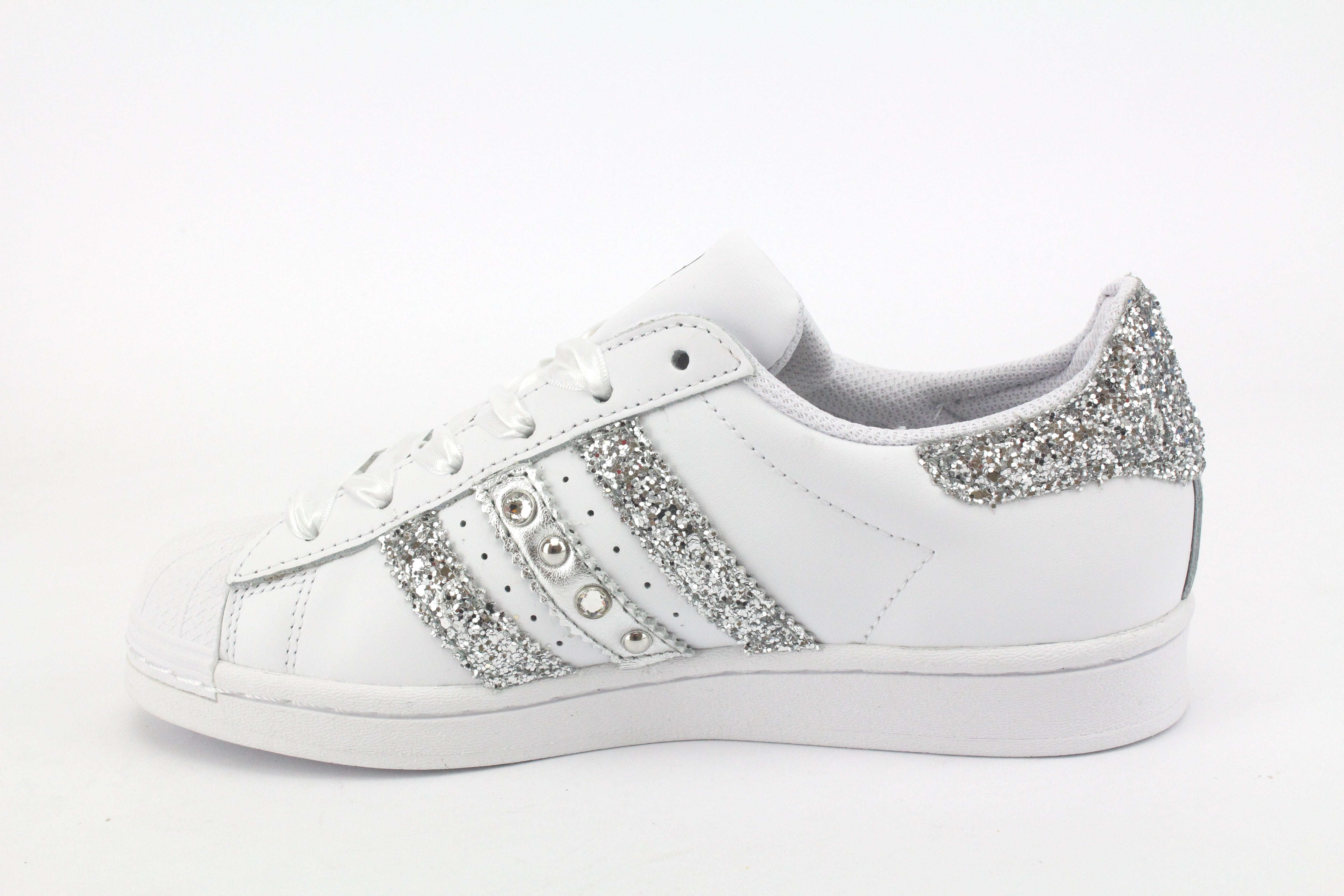 Adidas Superstar Glitter Silver Heart Rhinestones &amp; Satin Laces