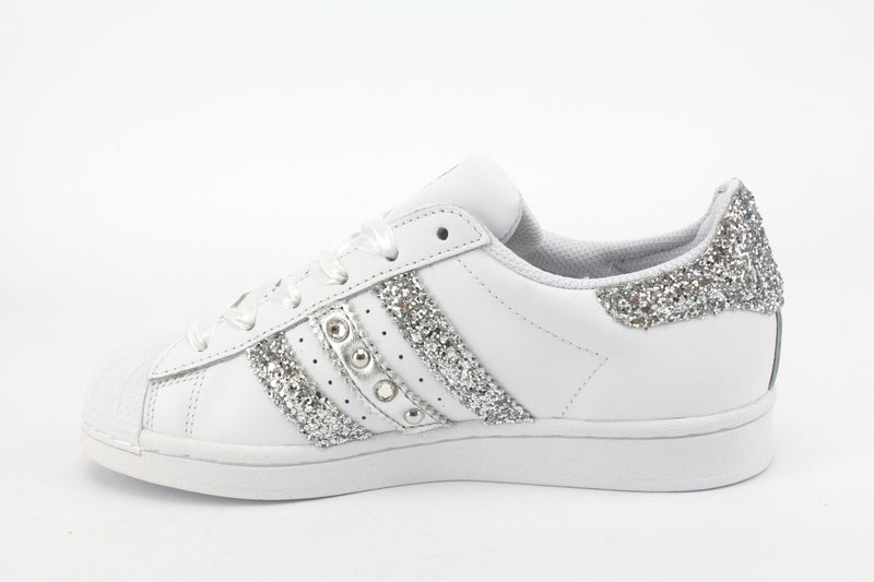 Adidas Superstar Glitter Silver Cuore Strass & Lacci in Raso