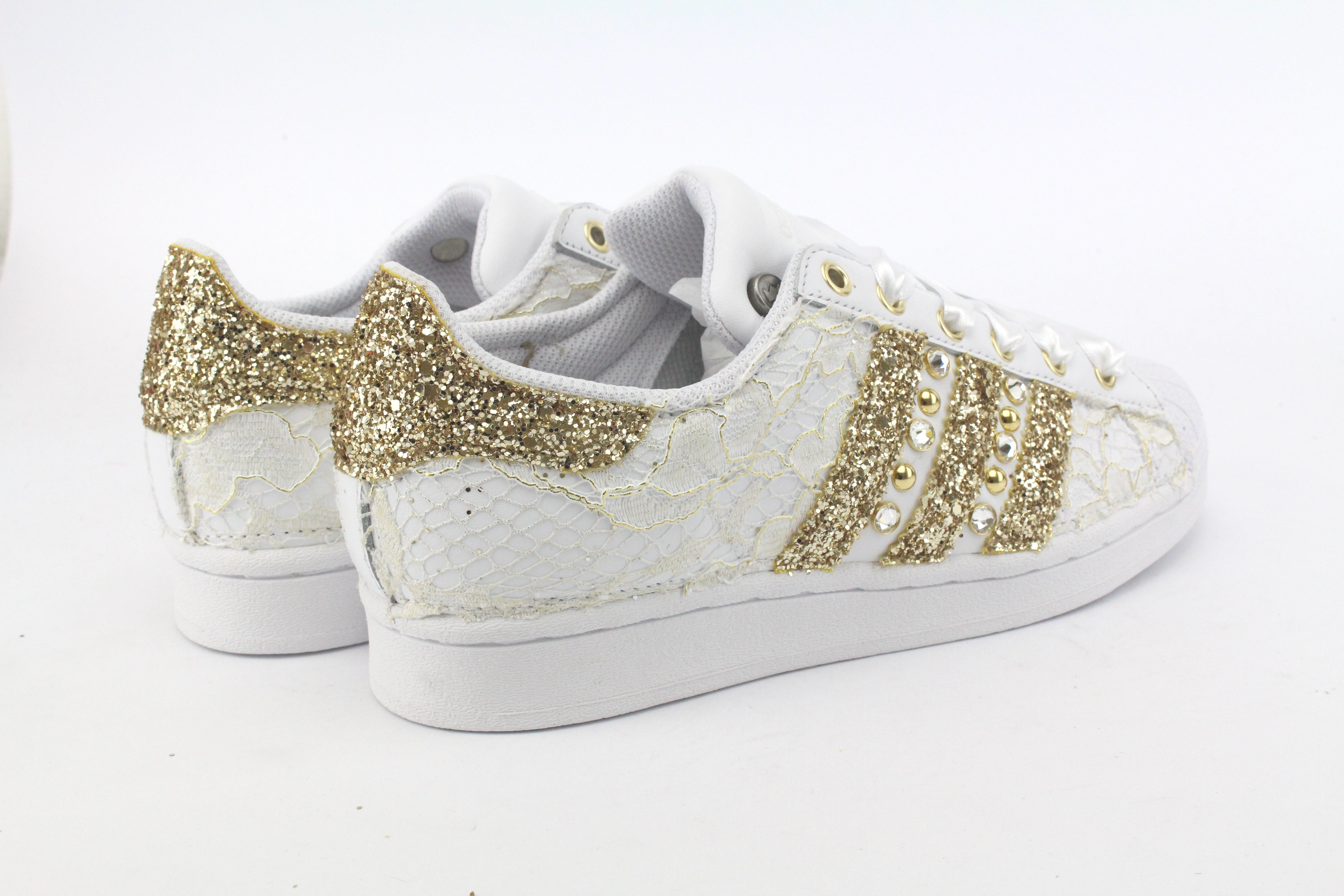 Adidas Superstar Lace White Glitter Gold Studs &amp; Rhinestones