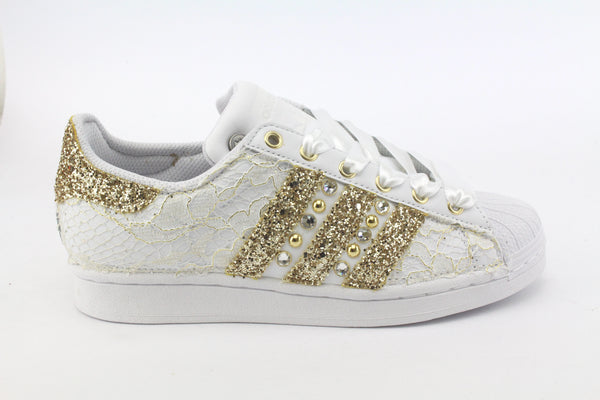 Adidas Superstar Lace White Glitter Gold Studs &amp; Rhinestones