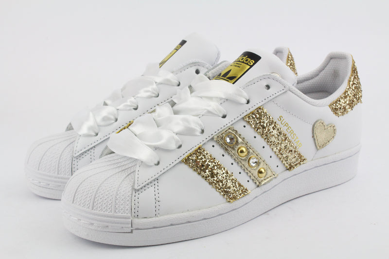 Adidas Superstar Glitter Gold Cuore Gold Strass & Lacci Raso