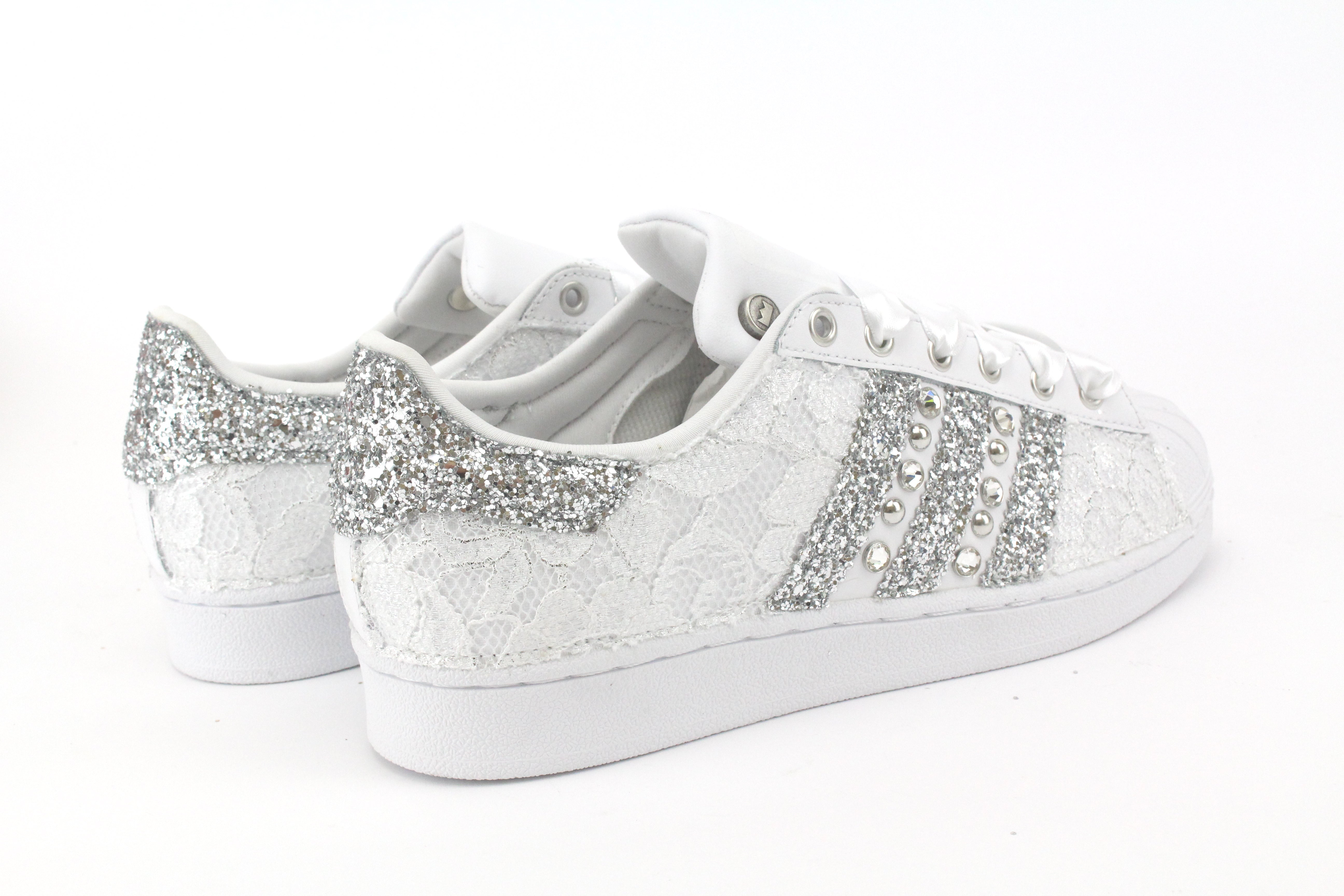 Adidas Superstar Lace White Glitter Silver Studs &amp; Rhinestones