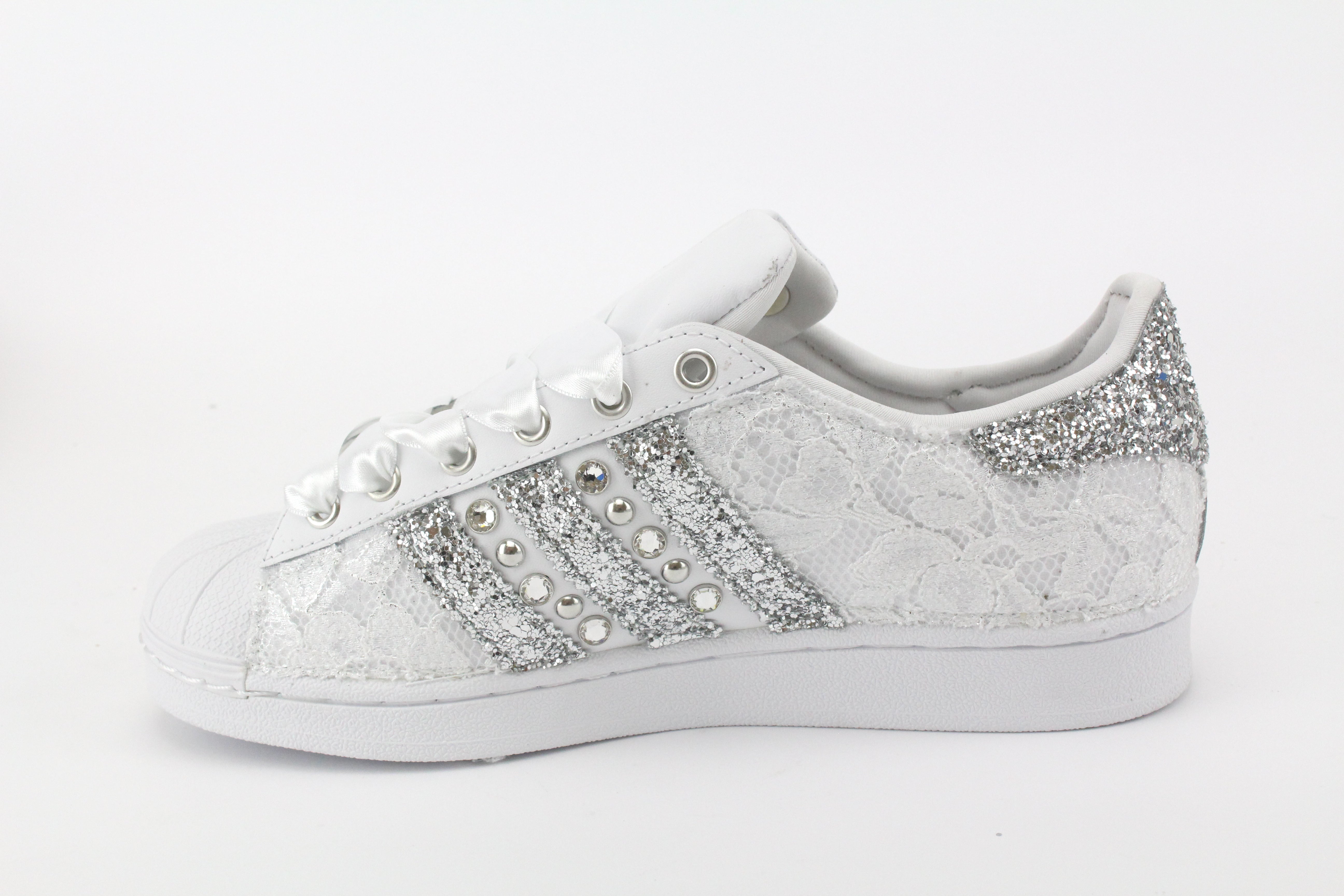 Adidas Superstar Lace White Glitter Silver Studs &amp; Rhinestones