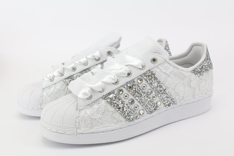 Adidas Superstar Pizzo White Glitter Argento Borchie & Strass
