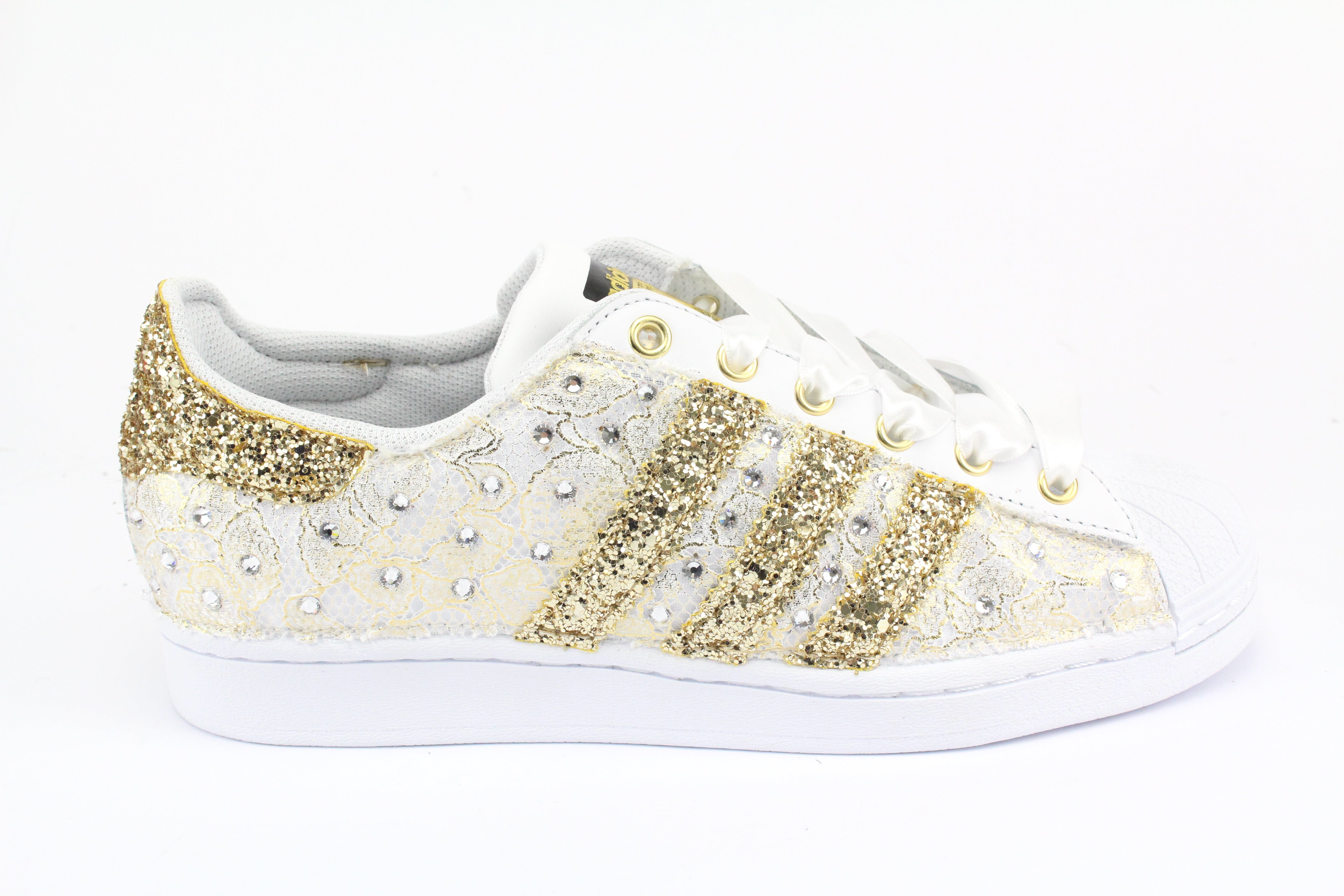 Adidas Superstar Glitter Gold Heart Gold Rhinestones &amp; Satin Laces