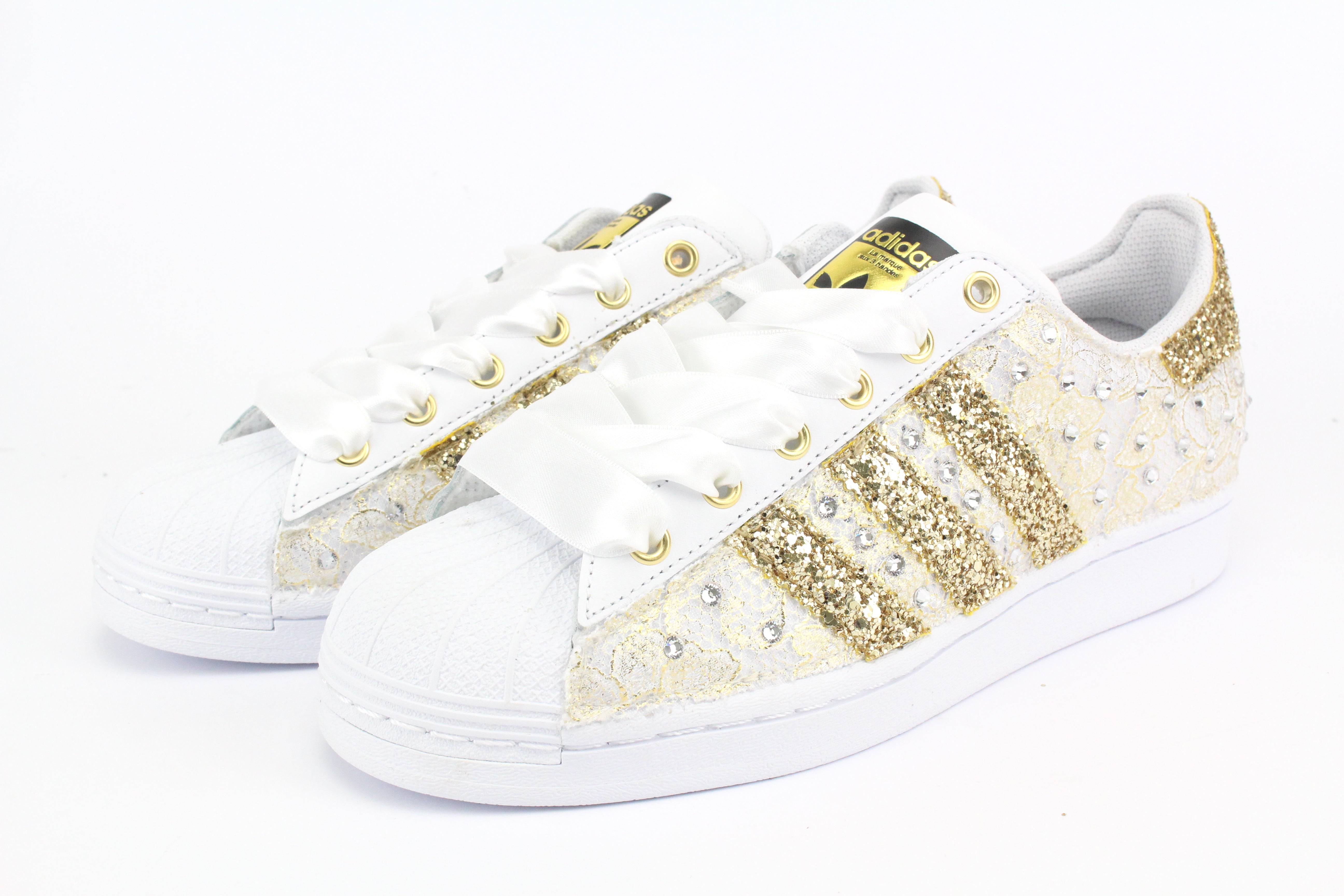 Adidas Superstar Glitter Gold Heart Gold Rhinestones &amp; Satin Laces